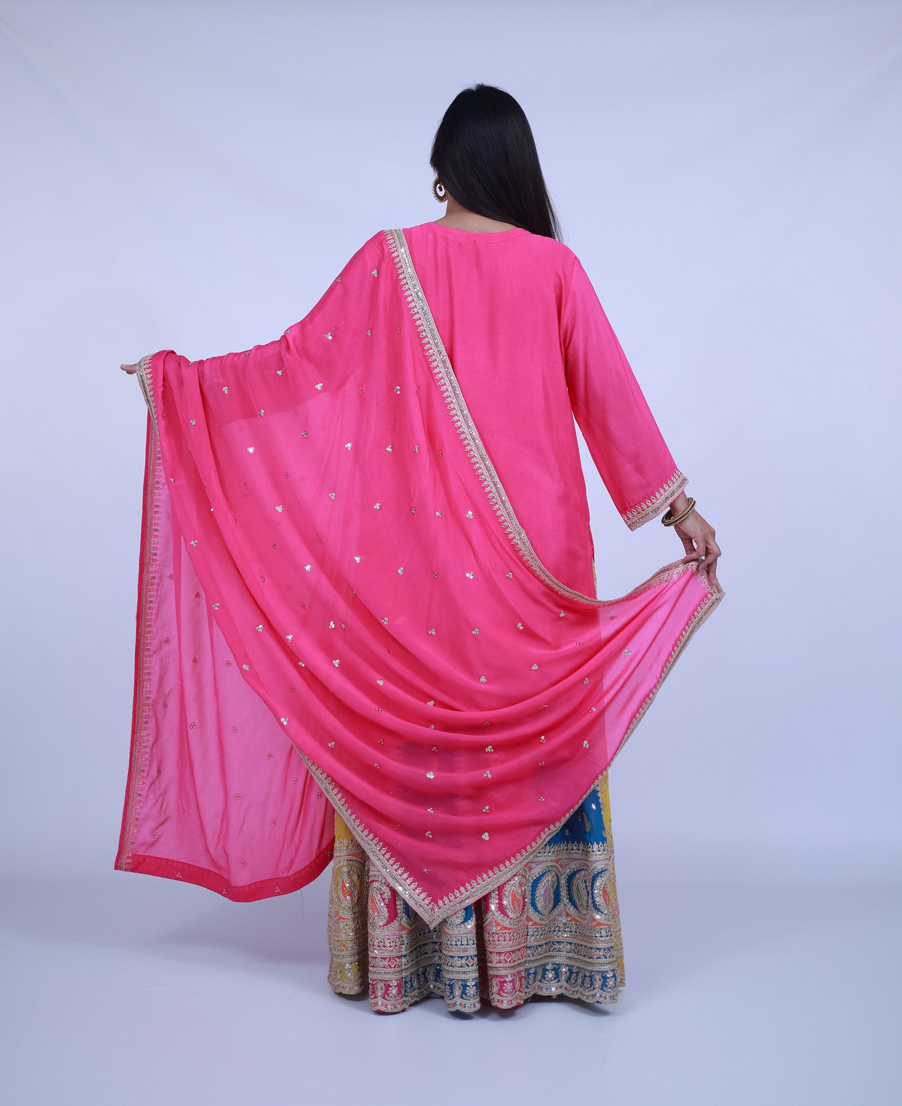 Pink Silk Kurta with Multi Color Skirt