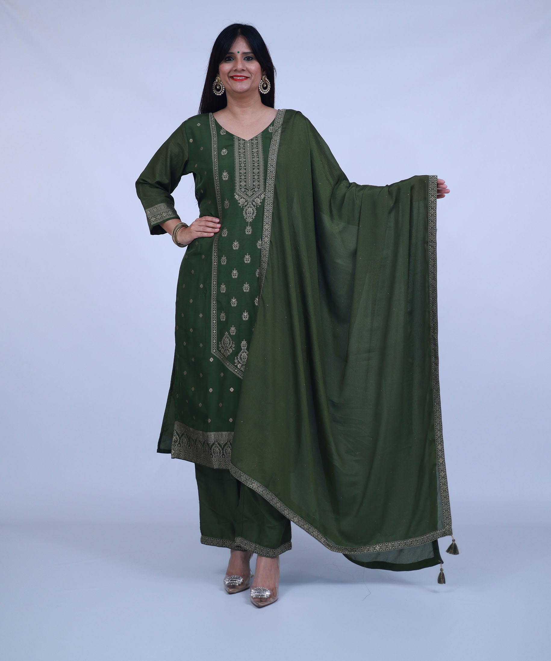 Olive Green Silk Blend Suit with pants and dupatta