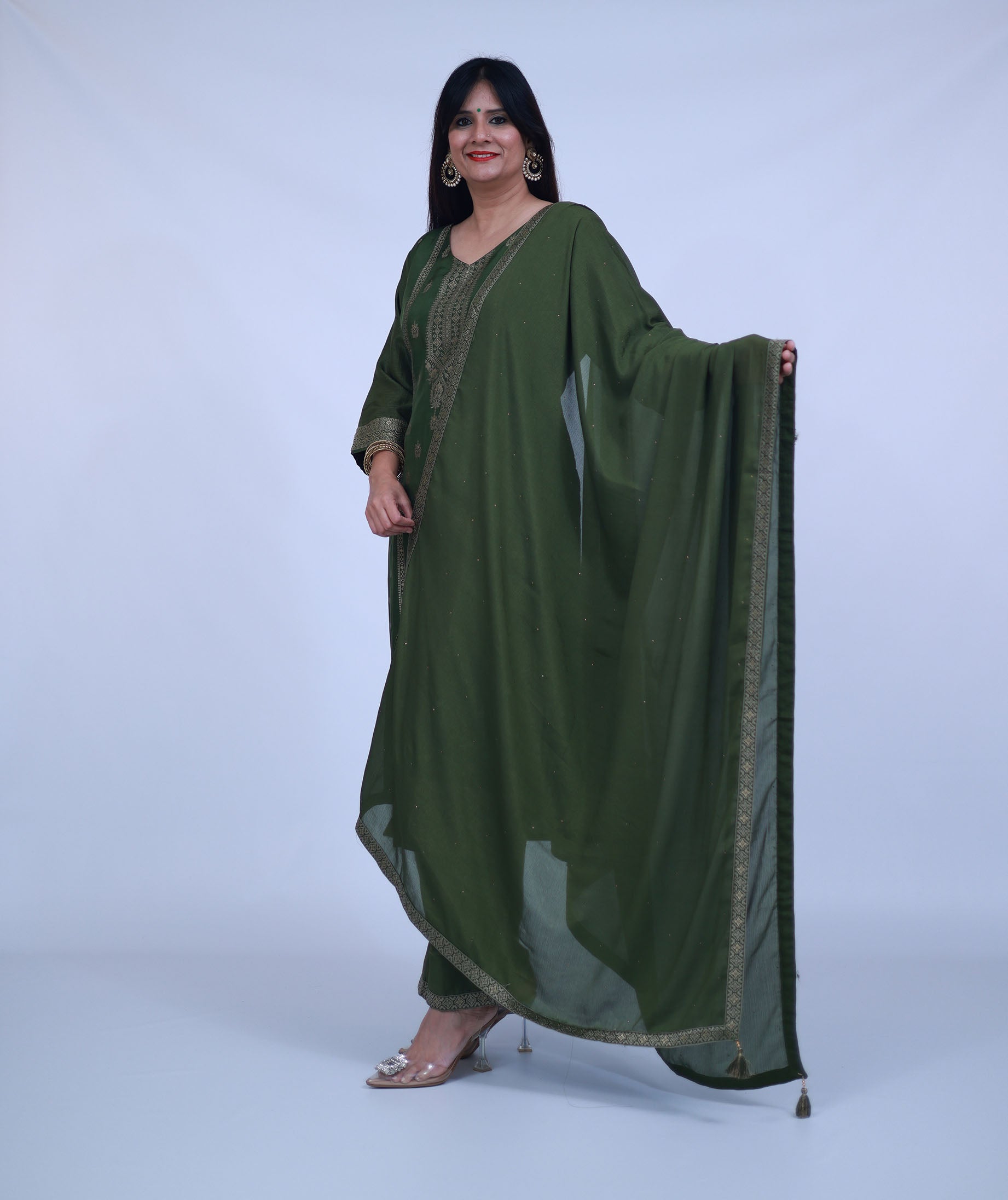 Olive Green Silk Blend Suit with pants and dupatta