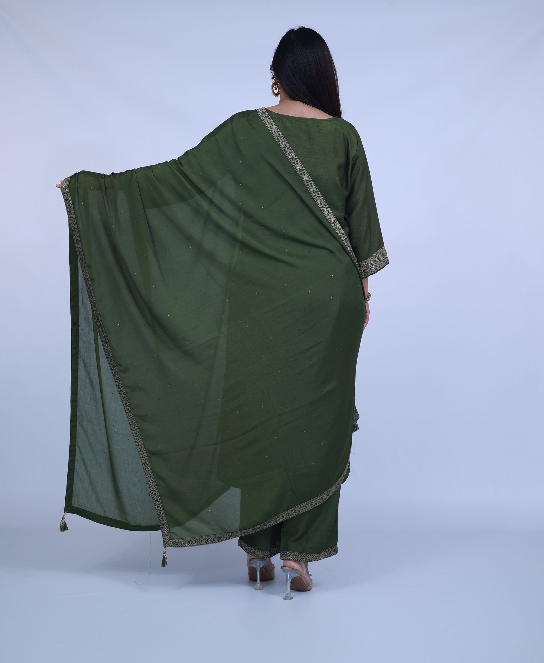 Olive Green Silk Blend Suit with pants and dupatta