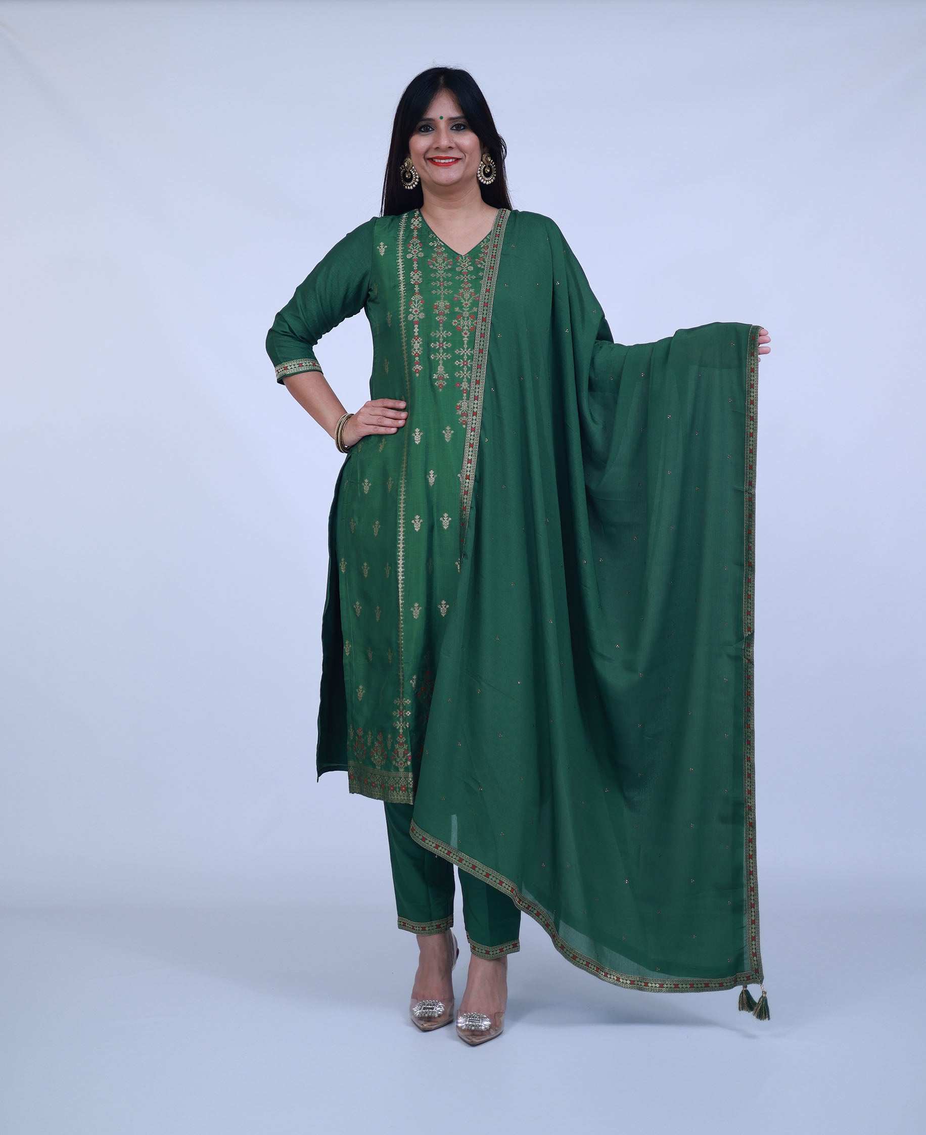 Green Silk Blend Suit with pants and dupatta