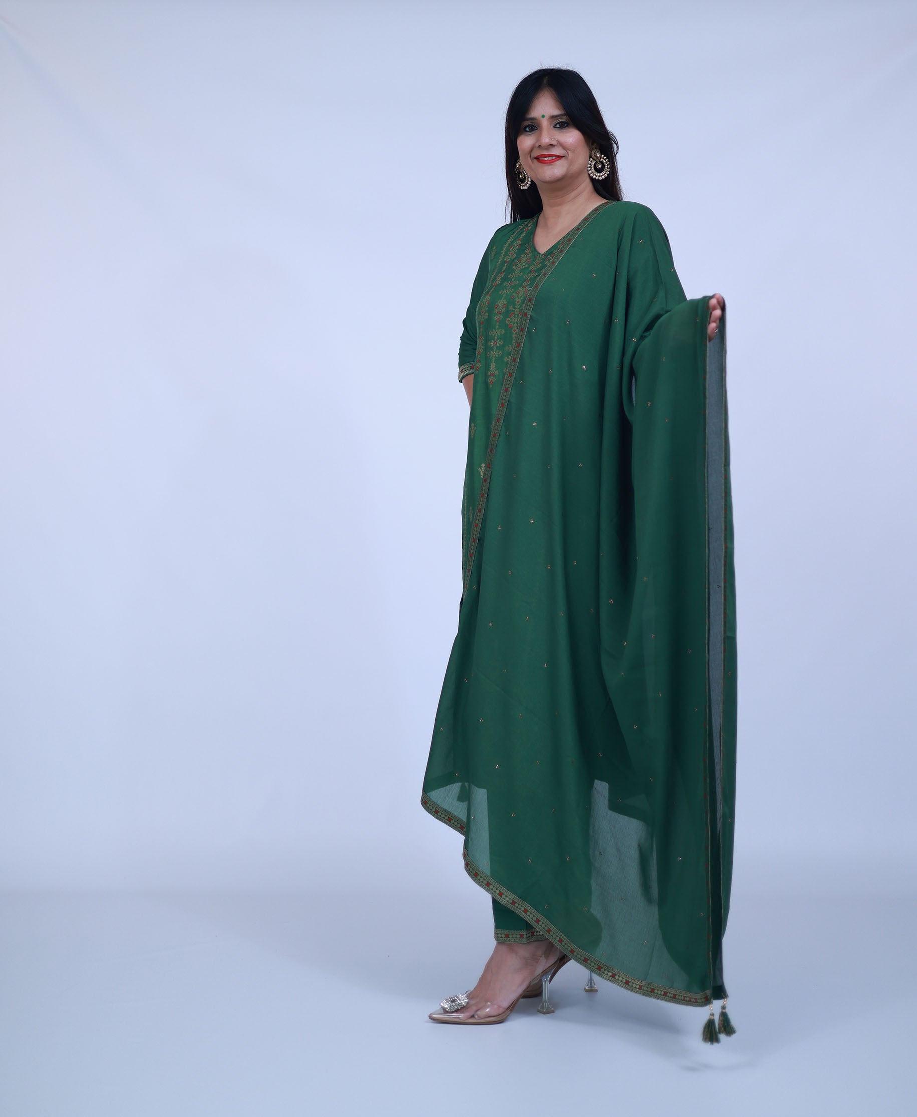 Green Silk Blend Suit with pants and dupatta
