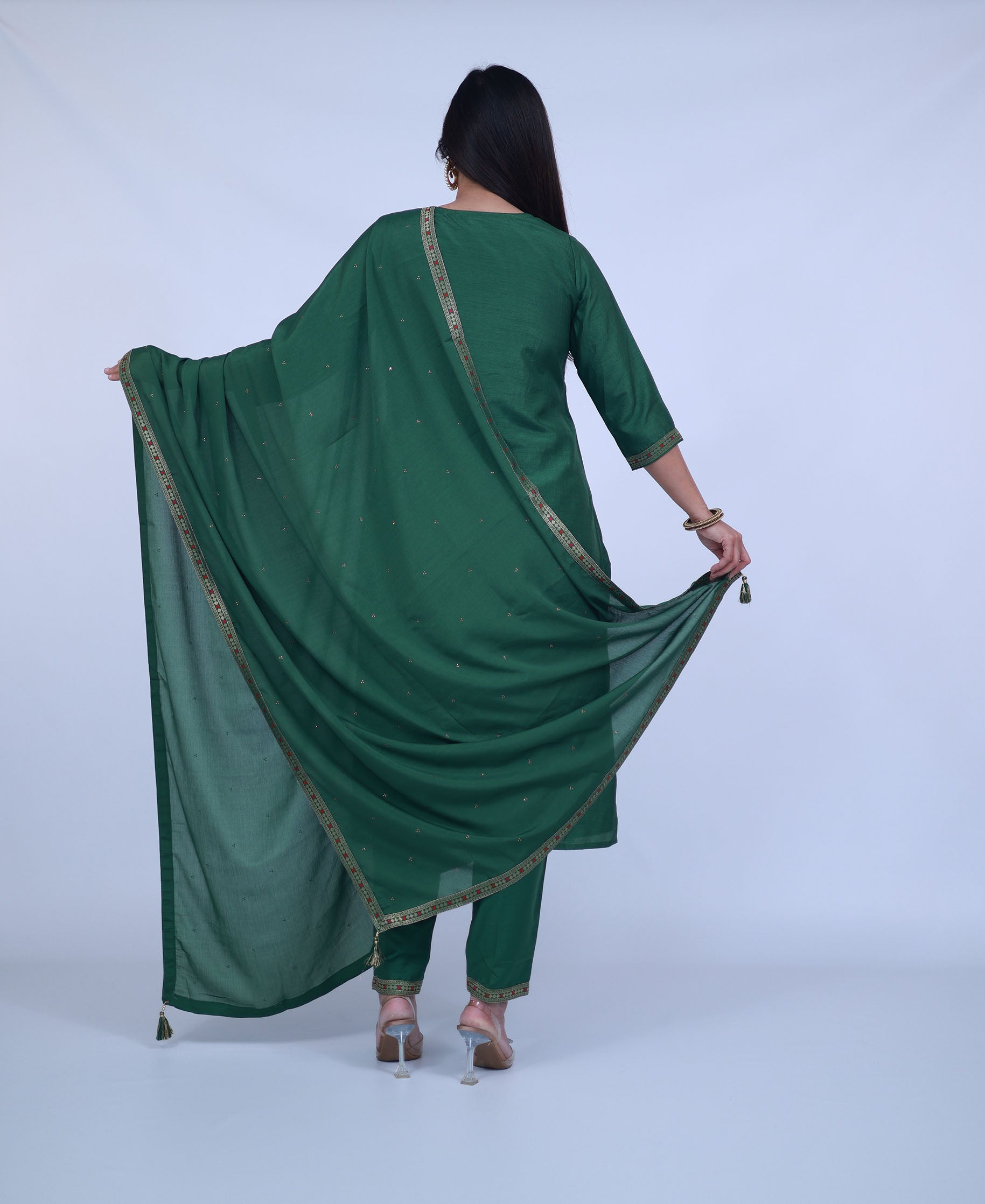 Green Silk Blend Suit with pants and dupatta