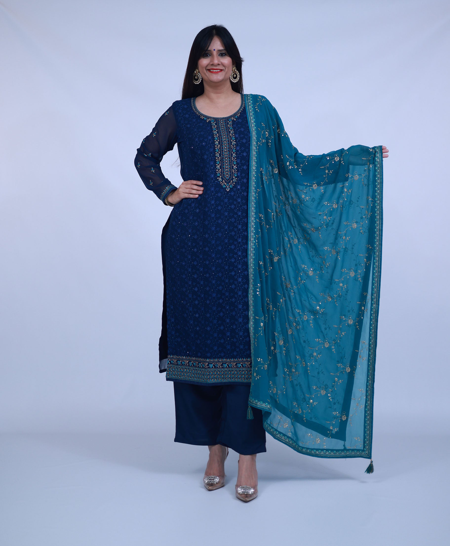 Navy Blue Embroidered Georgette Straight Suit With Dupatta