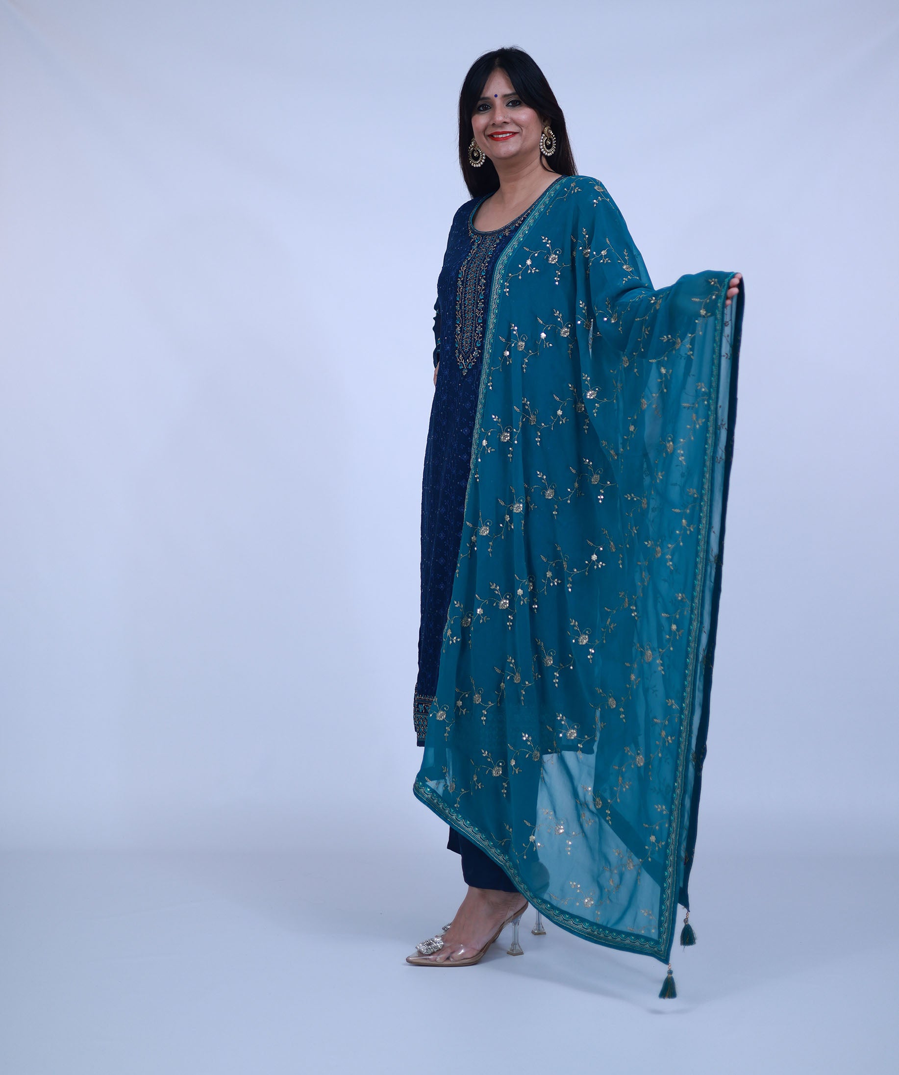 Navy Blue Embroidered Georgette Straight Suit With Dupatta