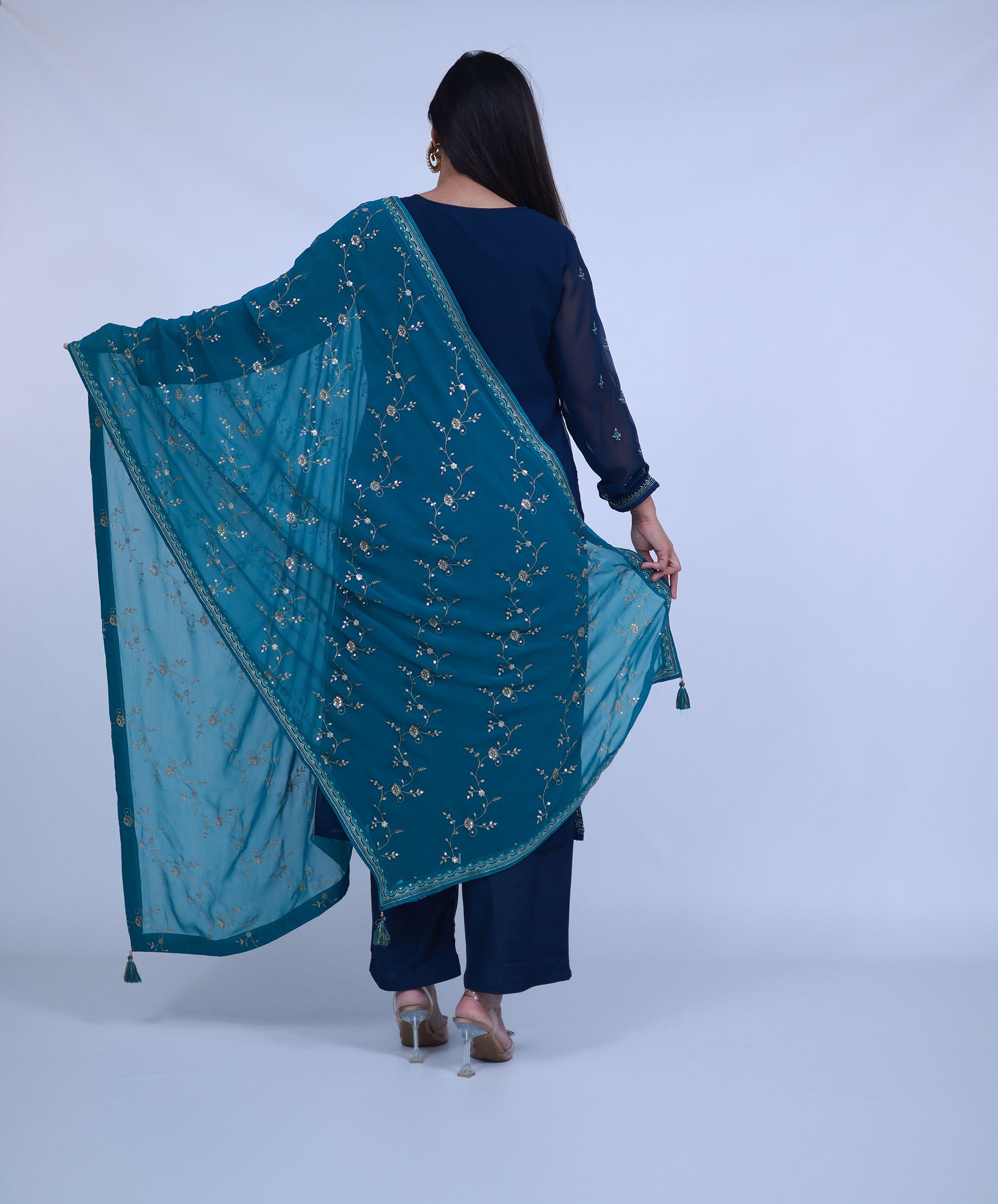 Navy Blue Embroidered Georgette Straight Suit With Dupatta