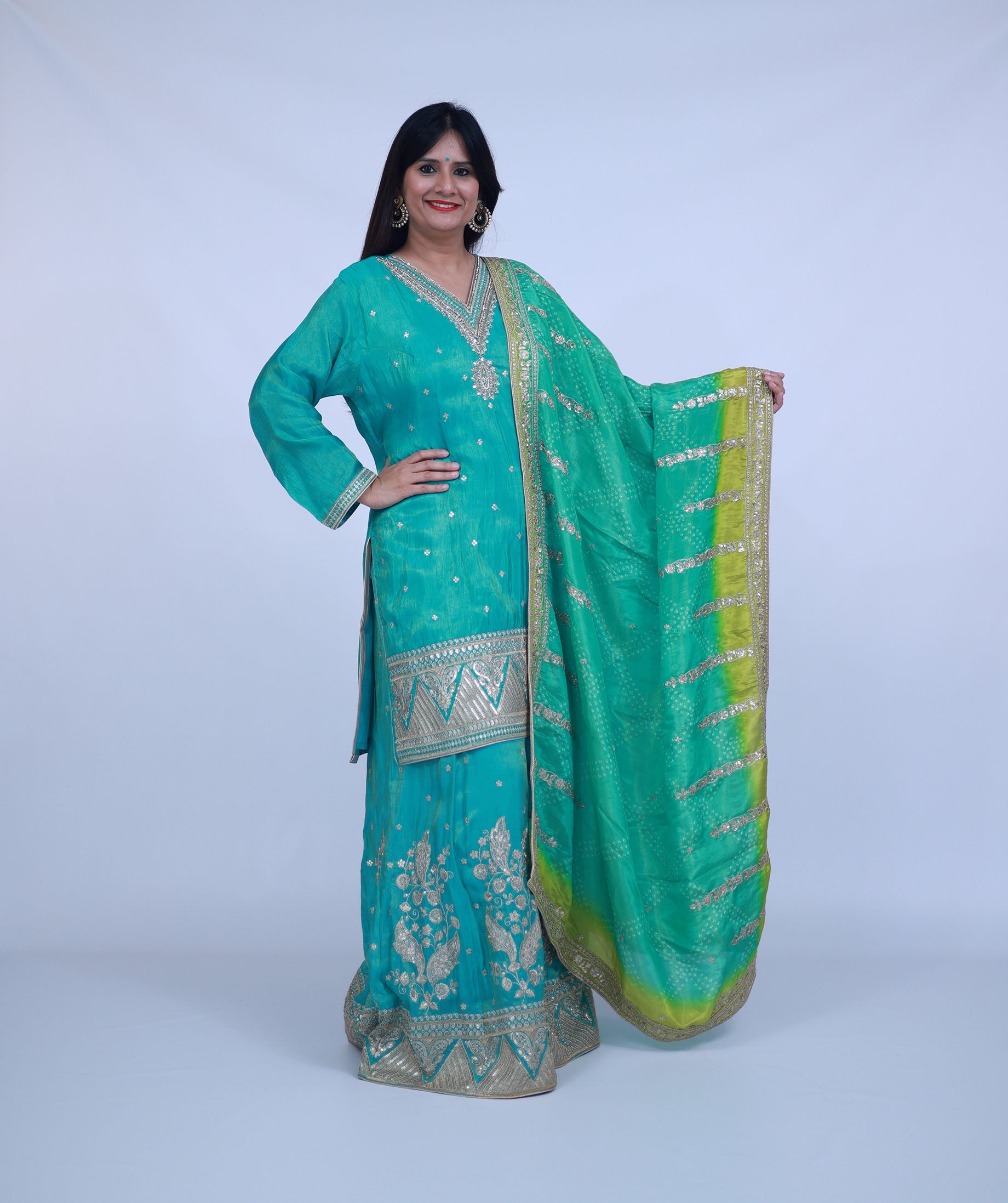 Green Sharara with bandhani dupatta