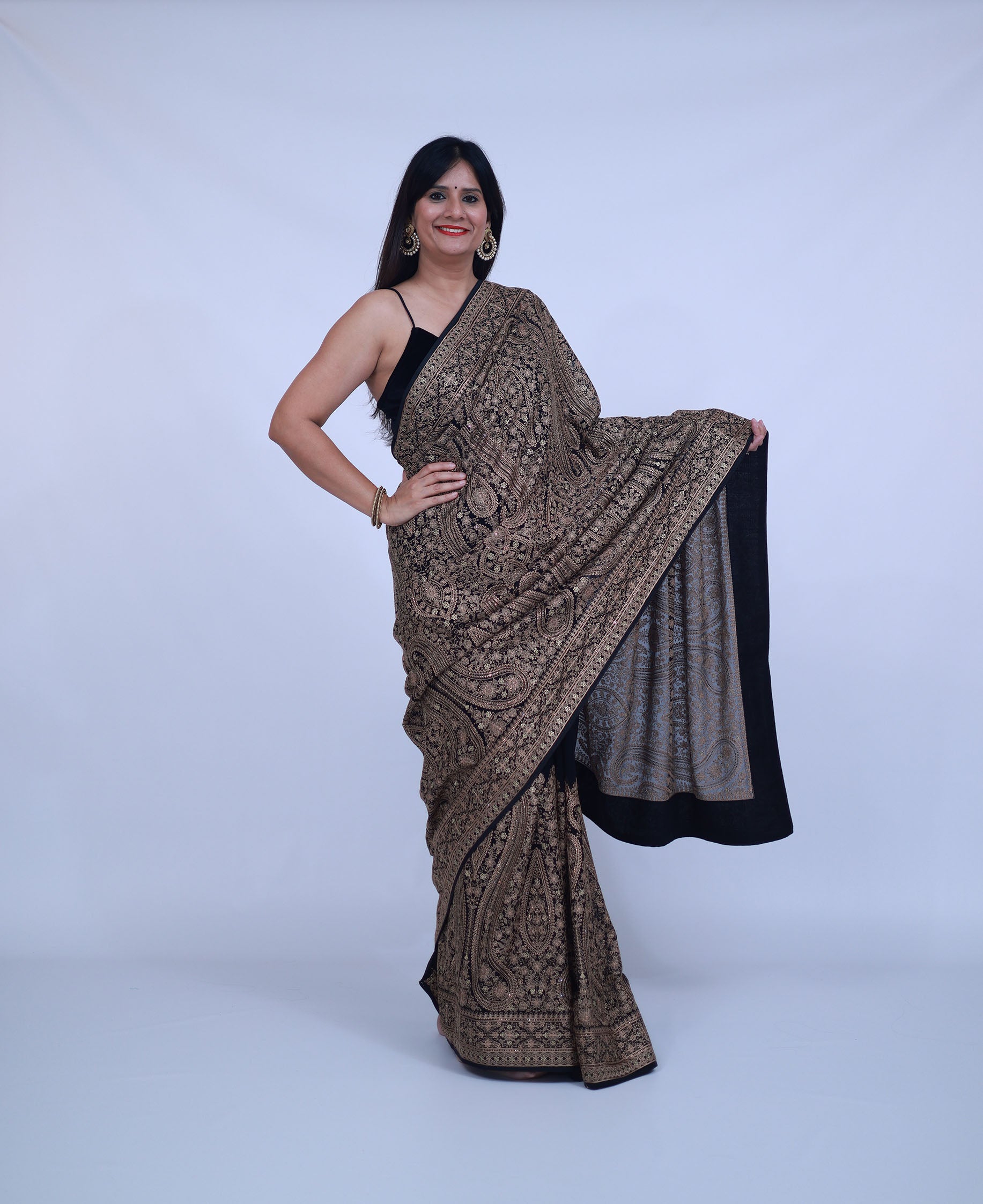 Black Kashmiri Embroidered Saree with unstitched blouse