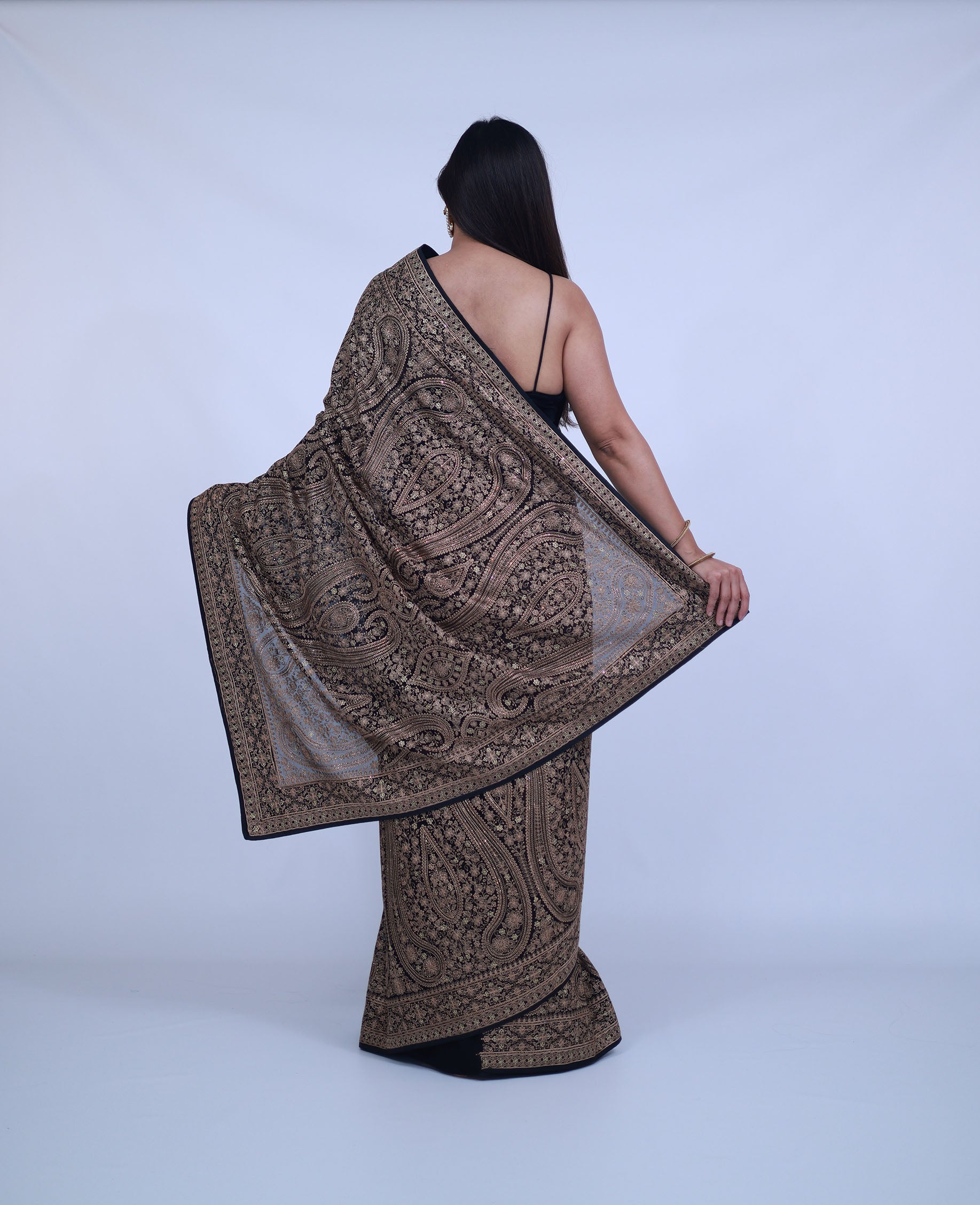 Black Kashmiri Embroidered Saree with unstitched blouse