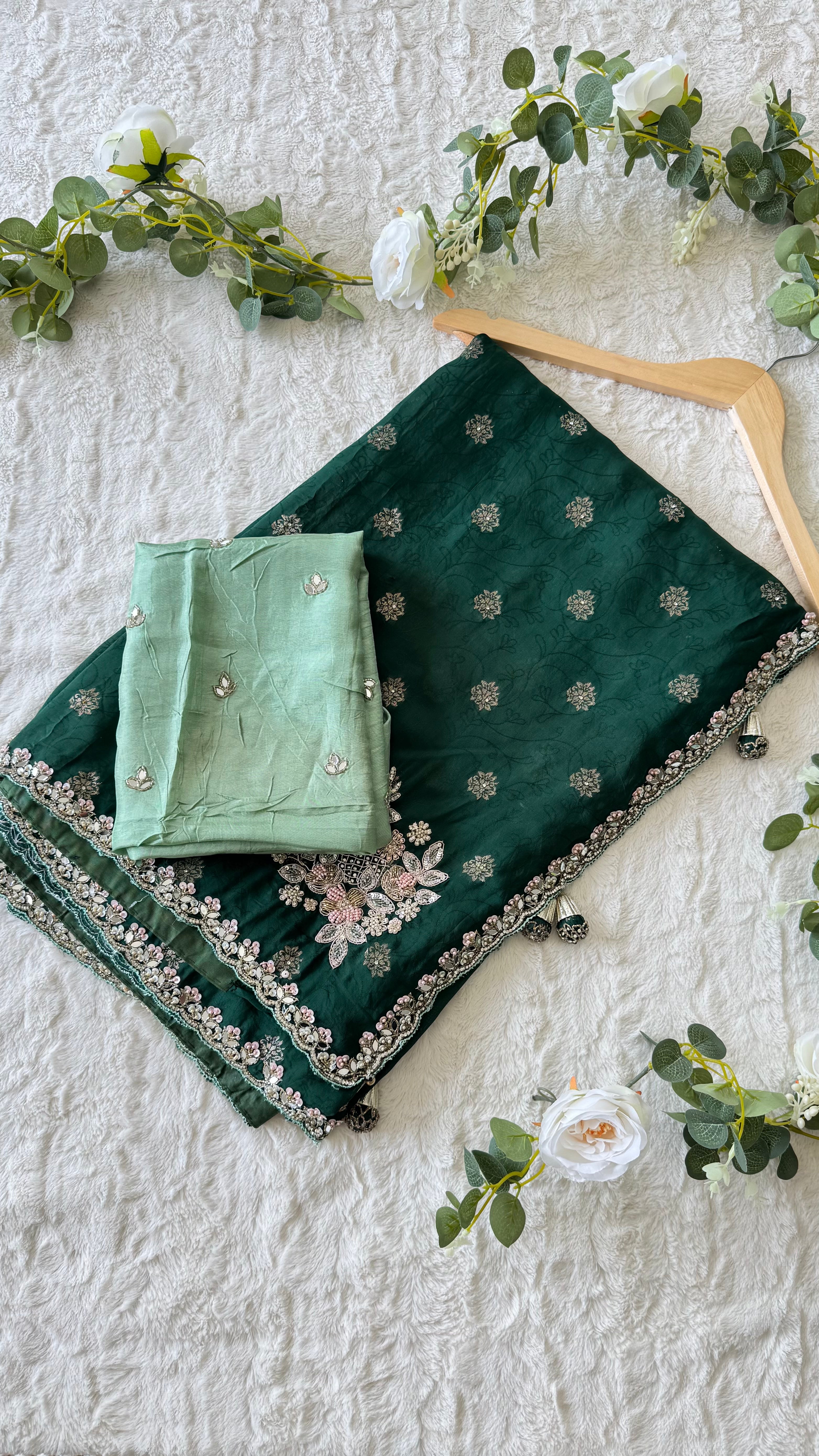 Silk Saree in Bottle Green color with unstitched blouse