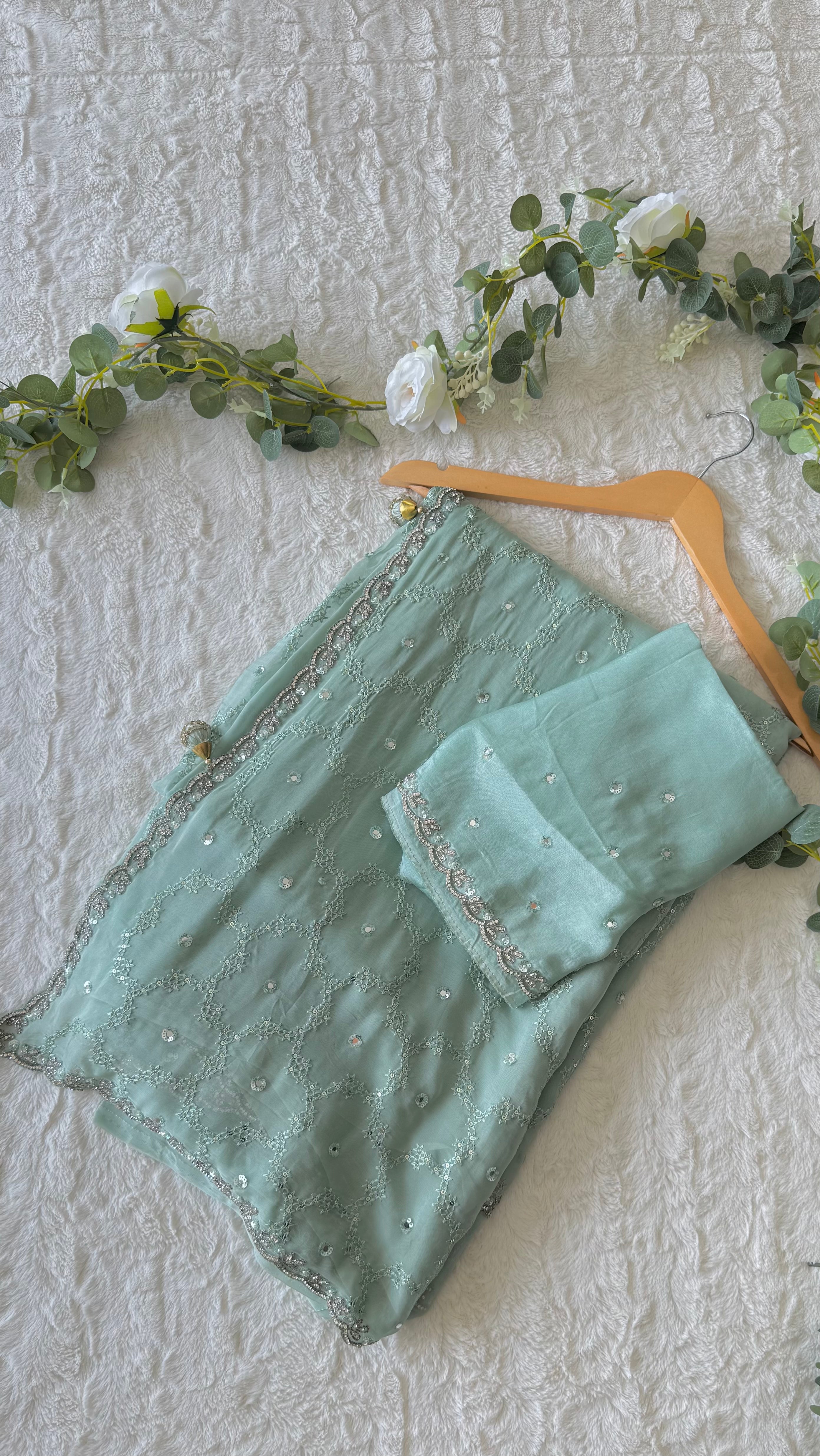 Mint Green Organza saree with jaal work