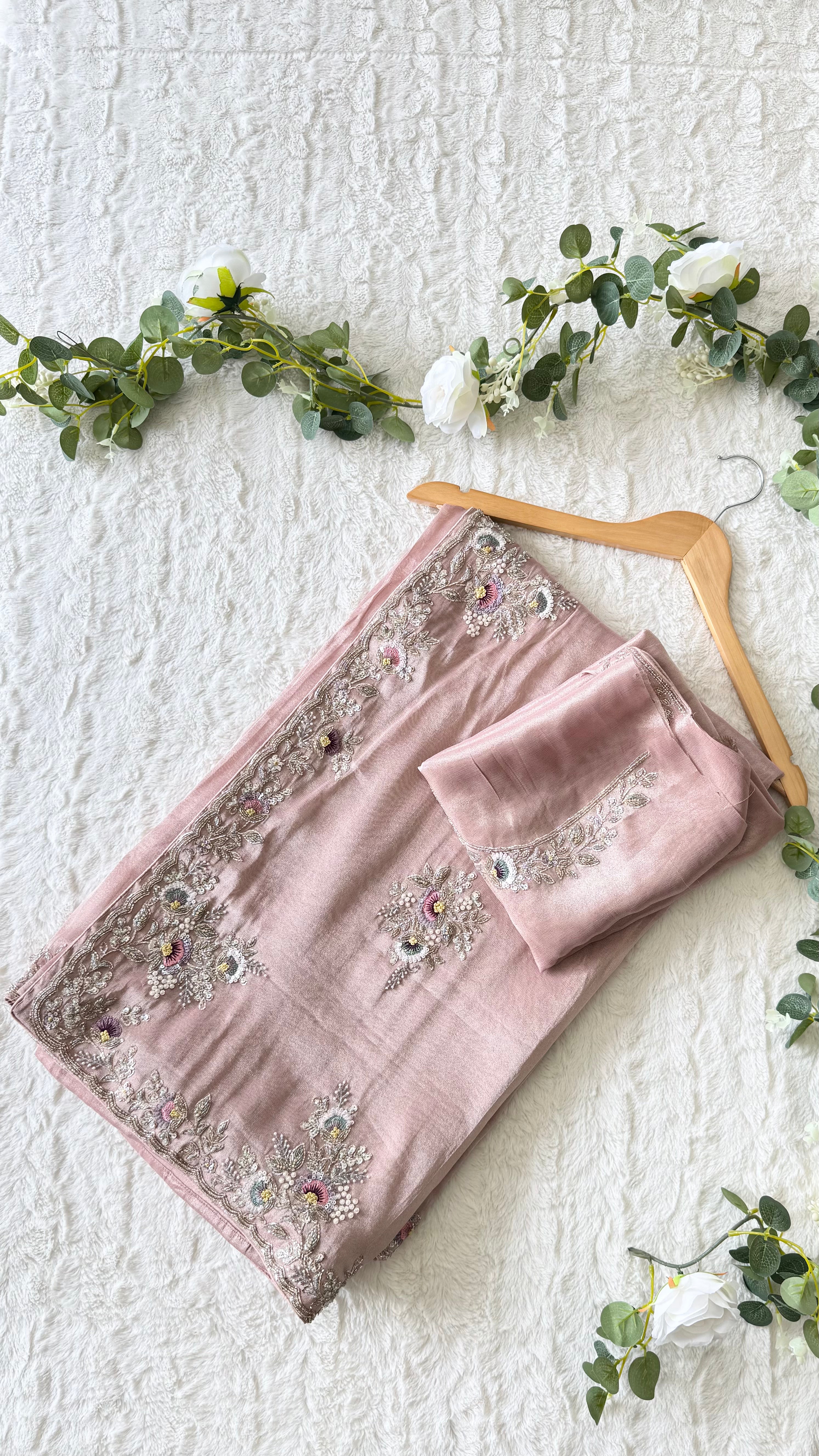Pastel Pink Tissue Silk Saree with unstitched blouse