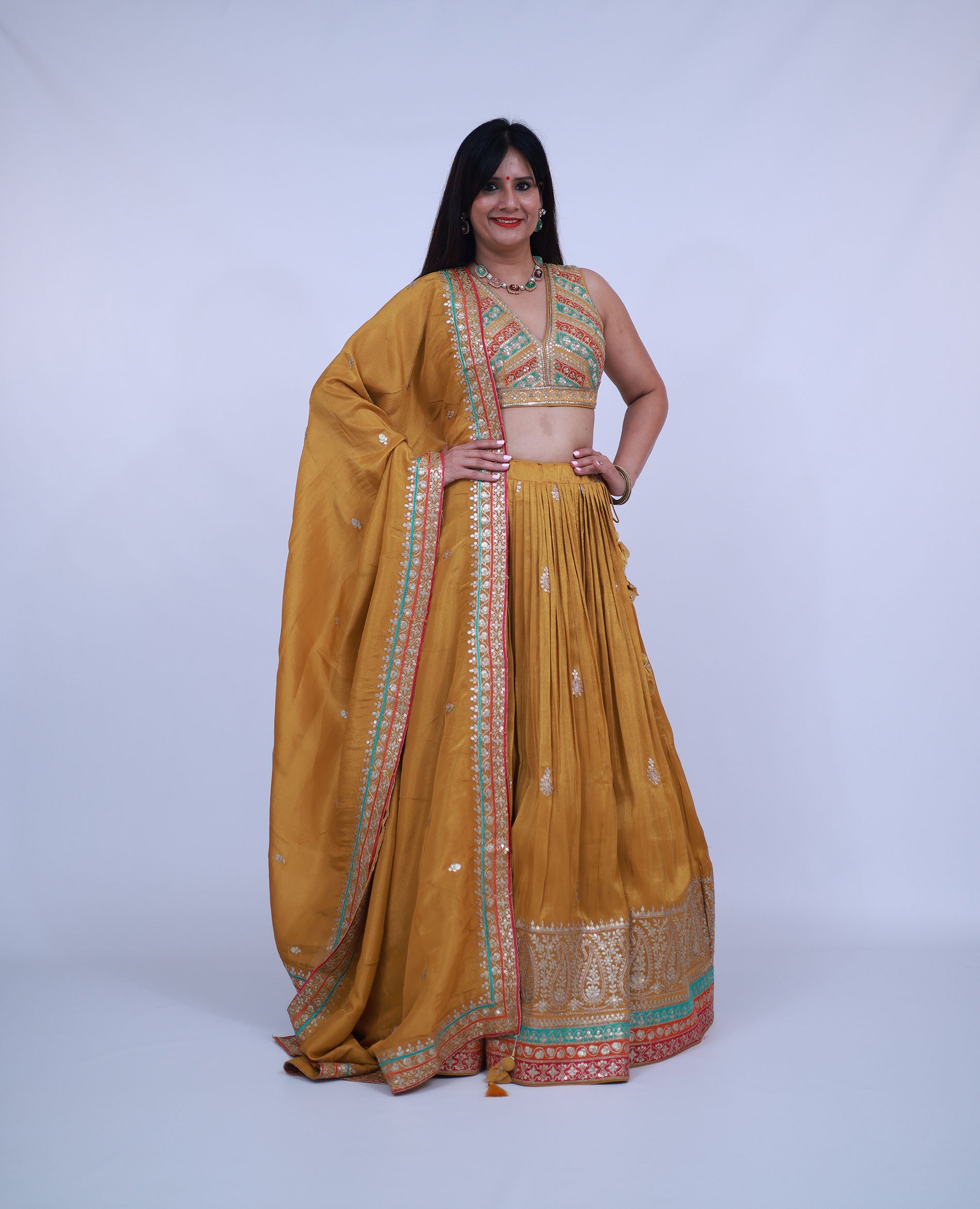 Silk Lehenga with V-Neck Blouse in Mustard Yellow