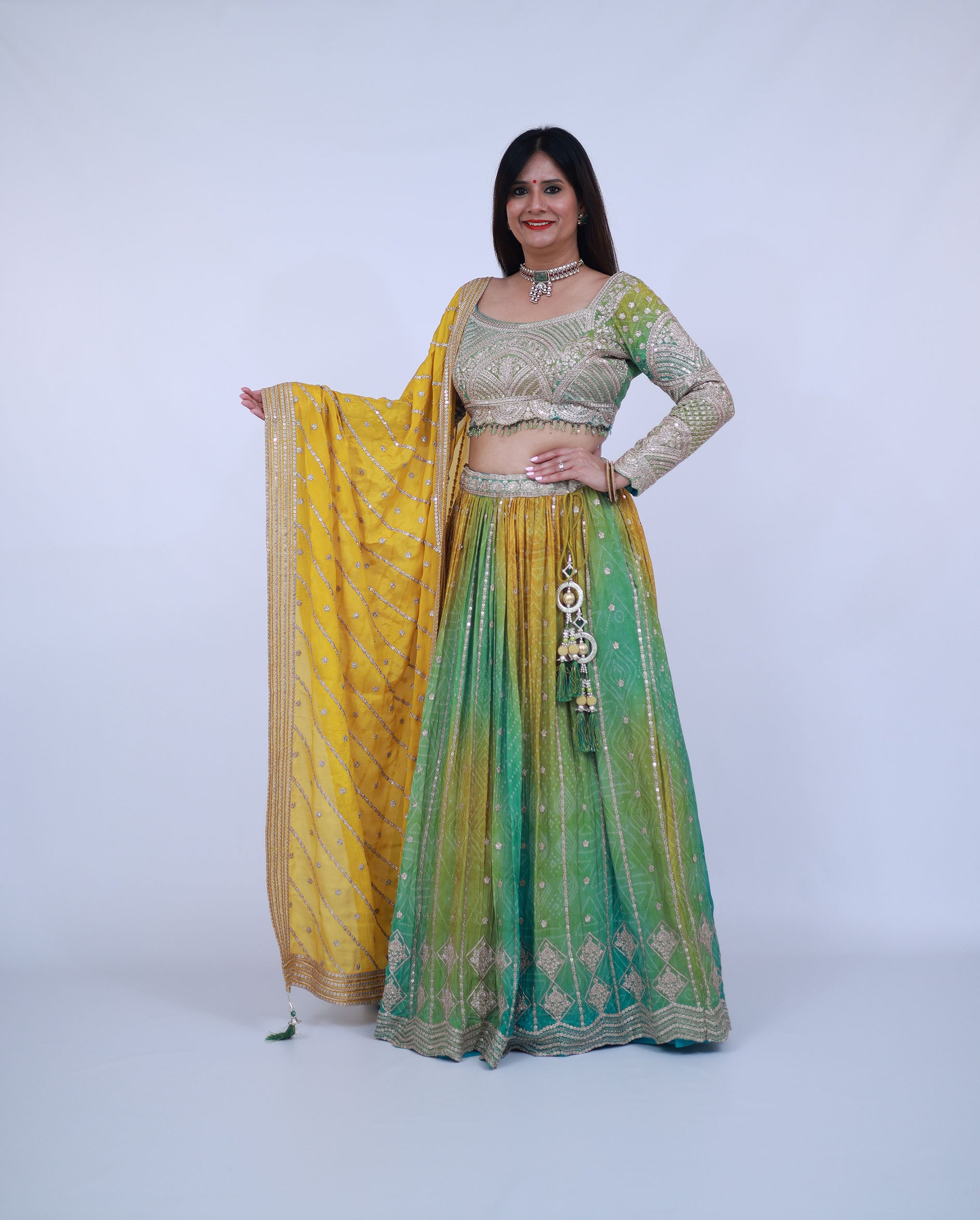 Green and Yellow Silk Lehenga with full sleeves