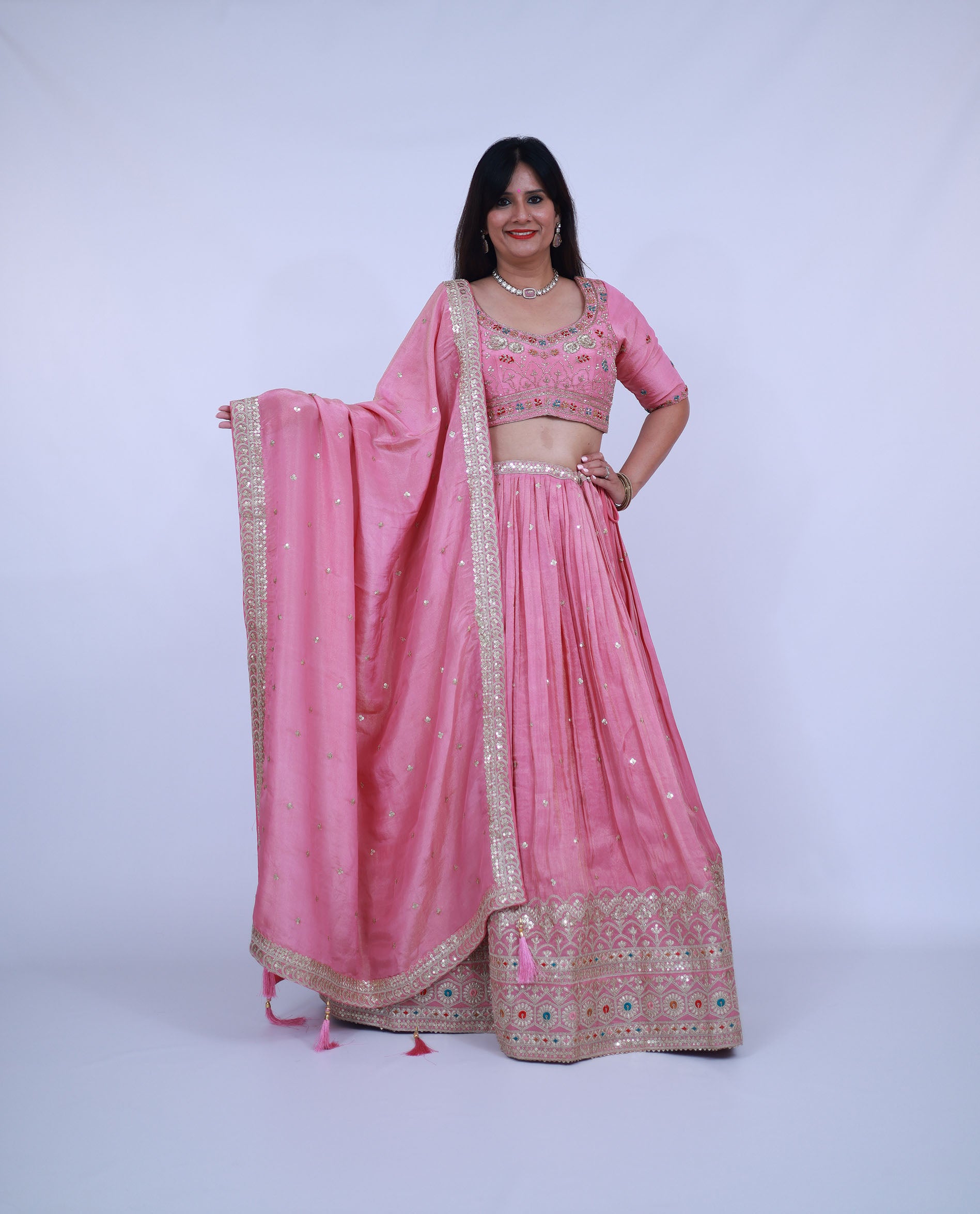Pink Tissue Silk Lehenga with matching dupatta