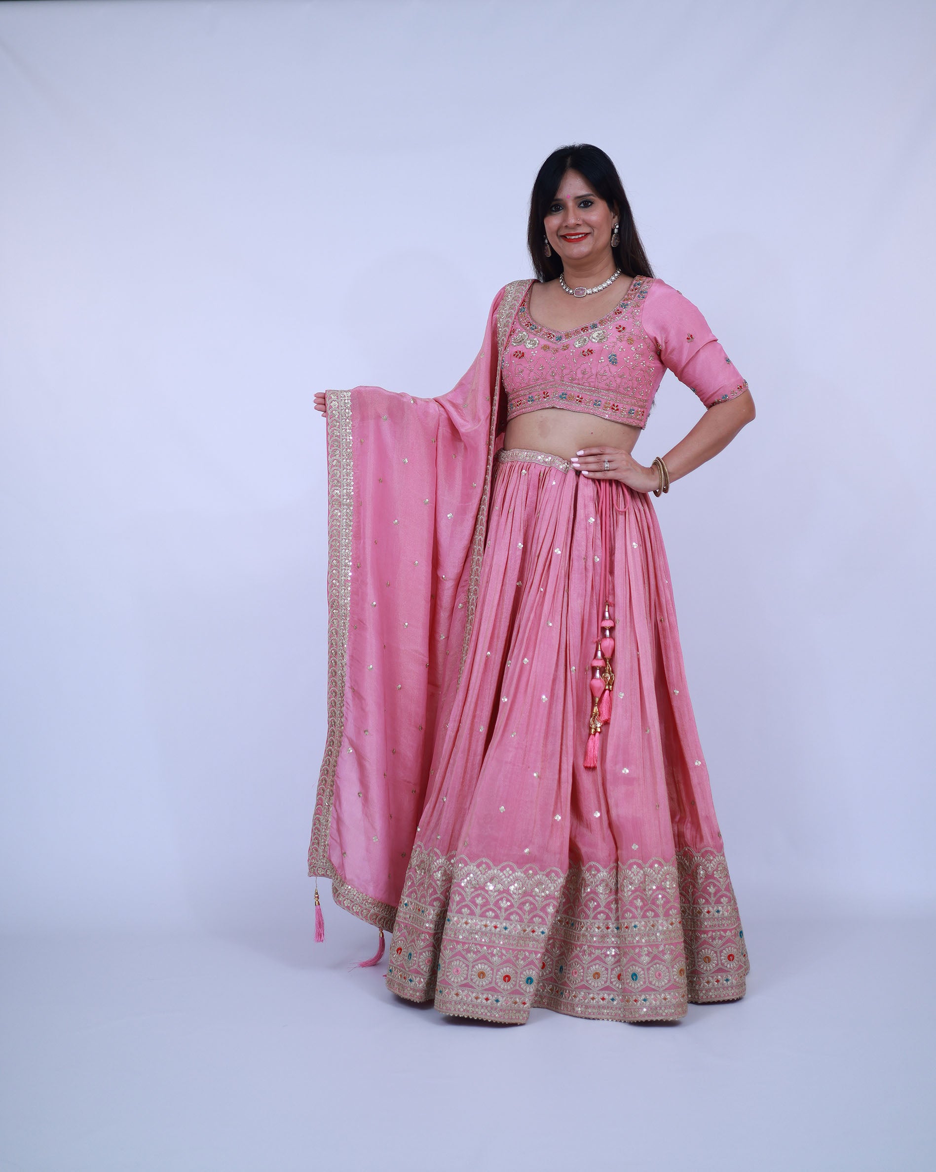Pink Tissue Silk Lehenga with matching dupatta