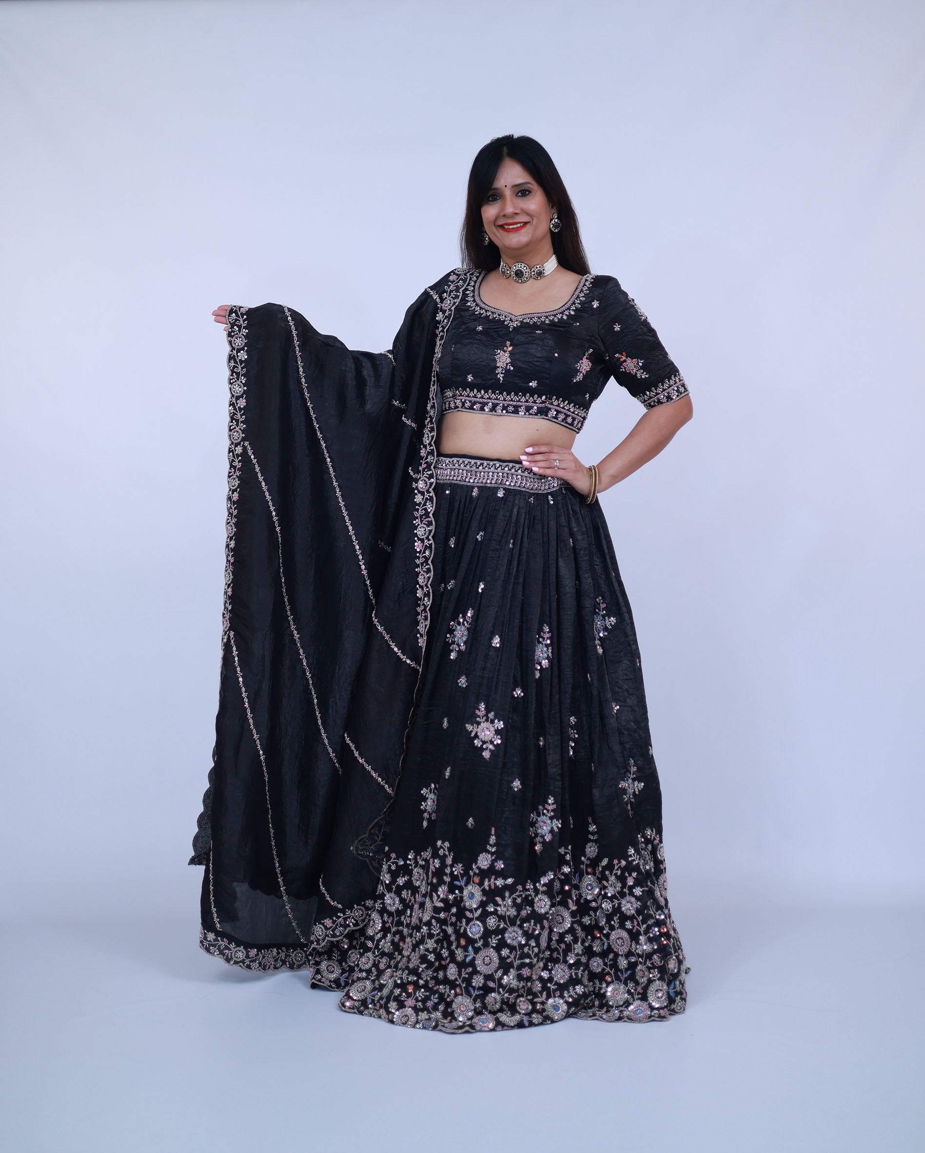 Crushed Tissue Lehenga in Black