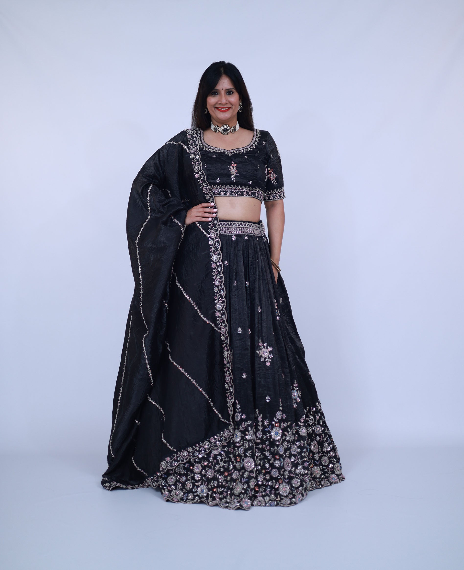 Crushed Tissue Lehenga in Black