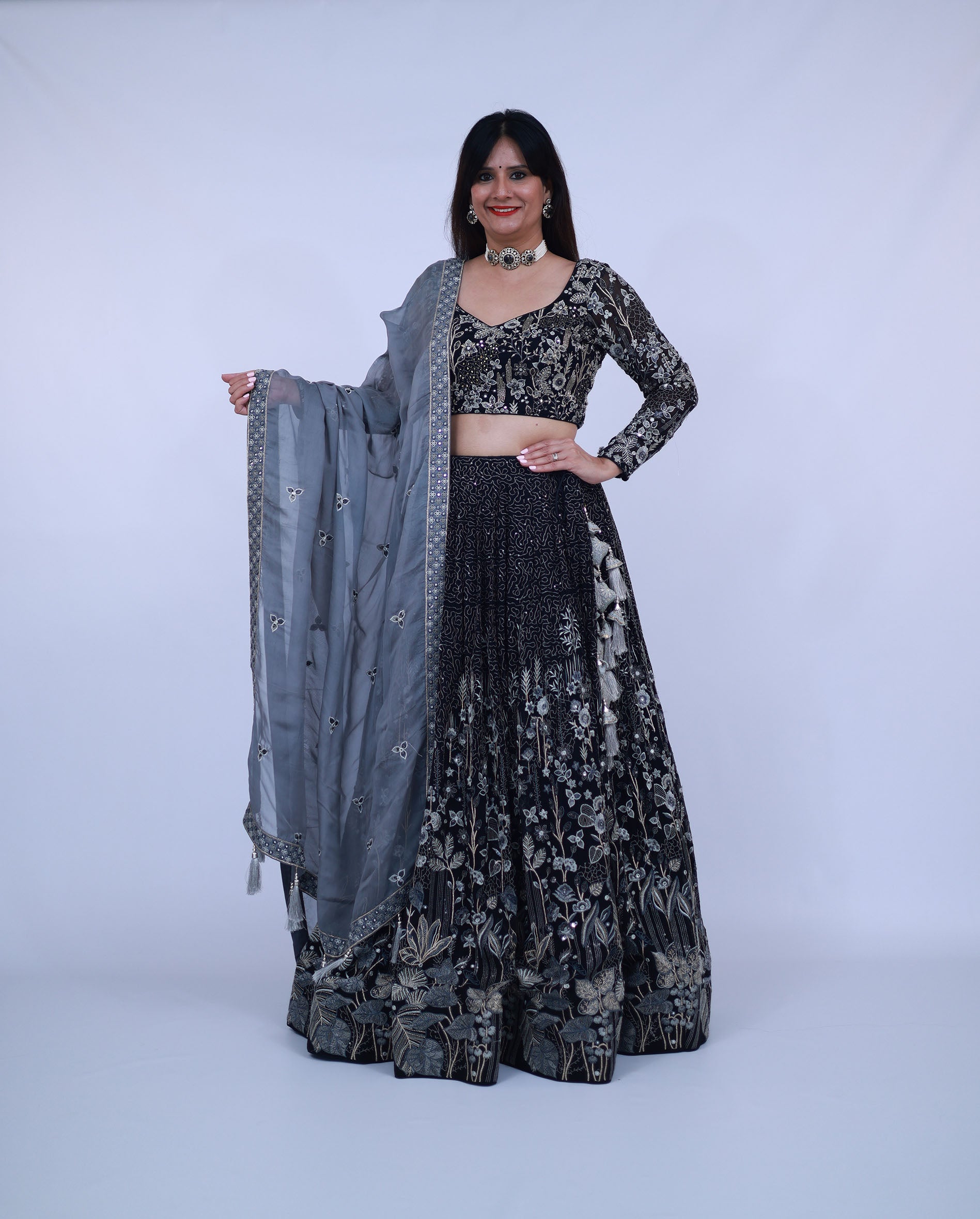 Heavy Embroidered Georgette Lehenga with Contrast Dupatta in Black