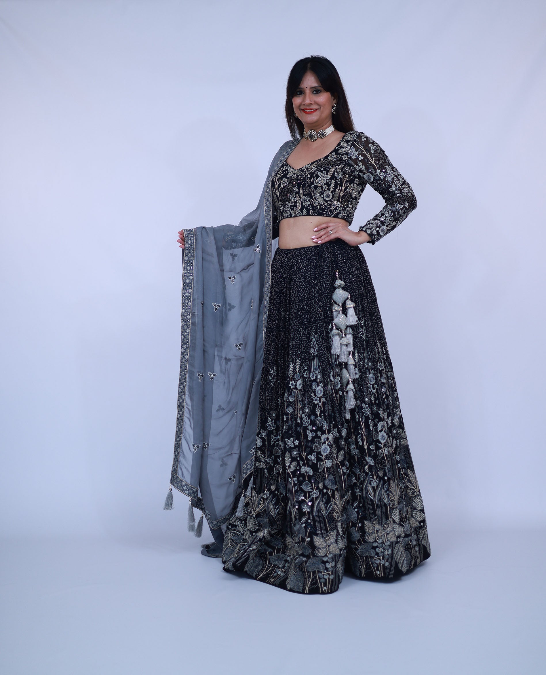 Heavy Embroidered Georgette Lehenga with Contrast Dupatta in Black