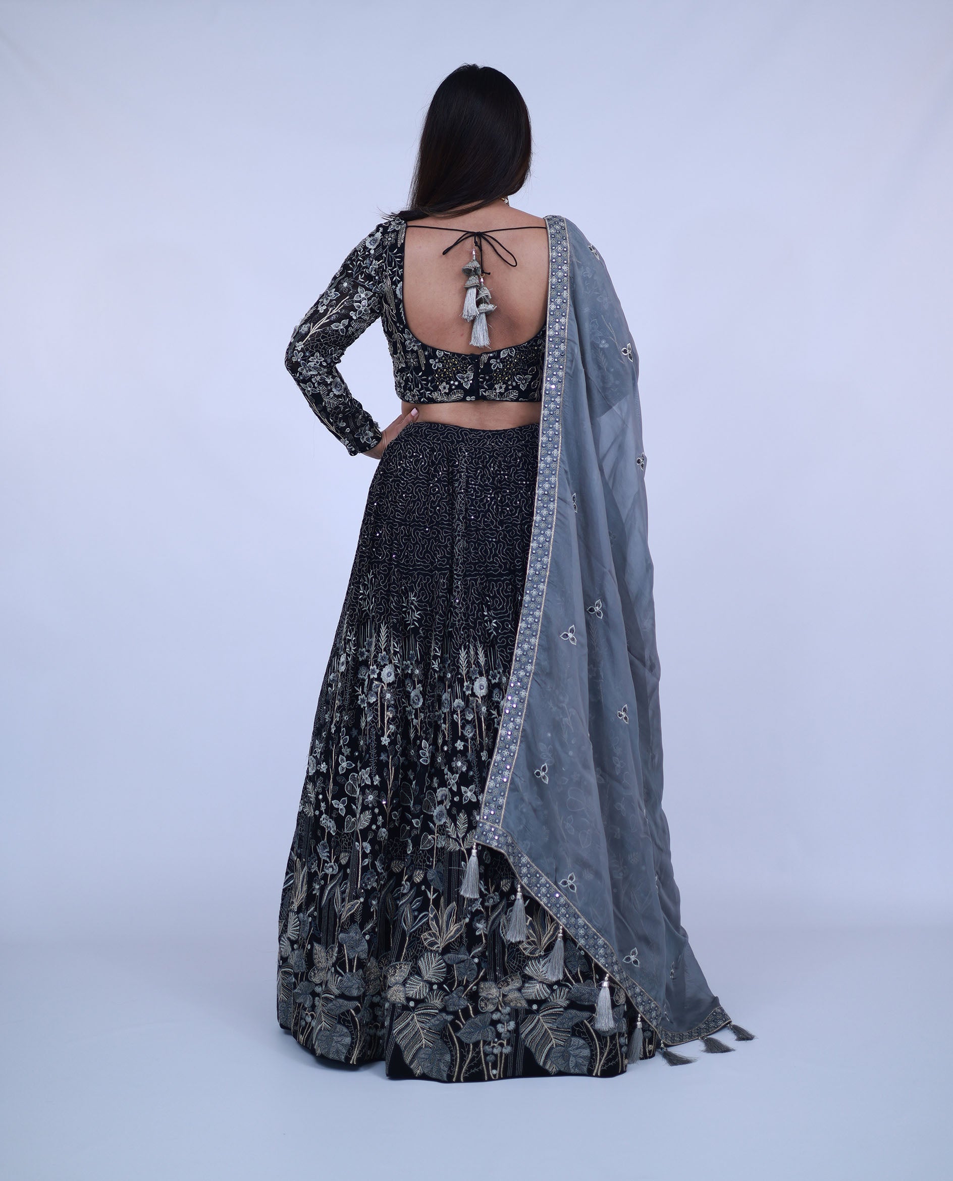 Heavy Embroidered Georgette Lehenga with Contrast Dupatta in Black