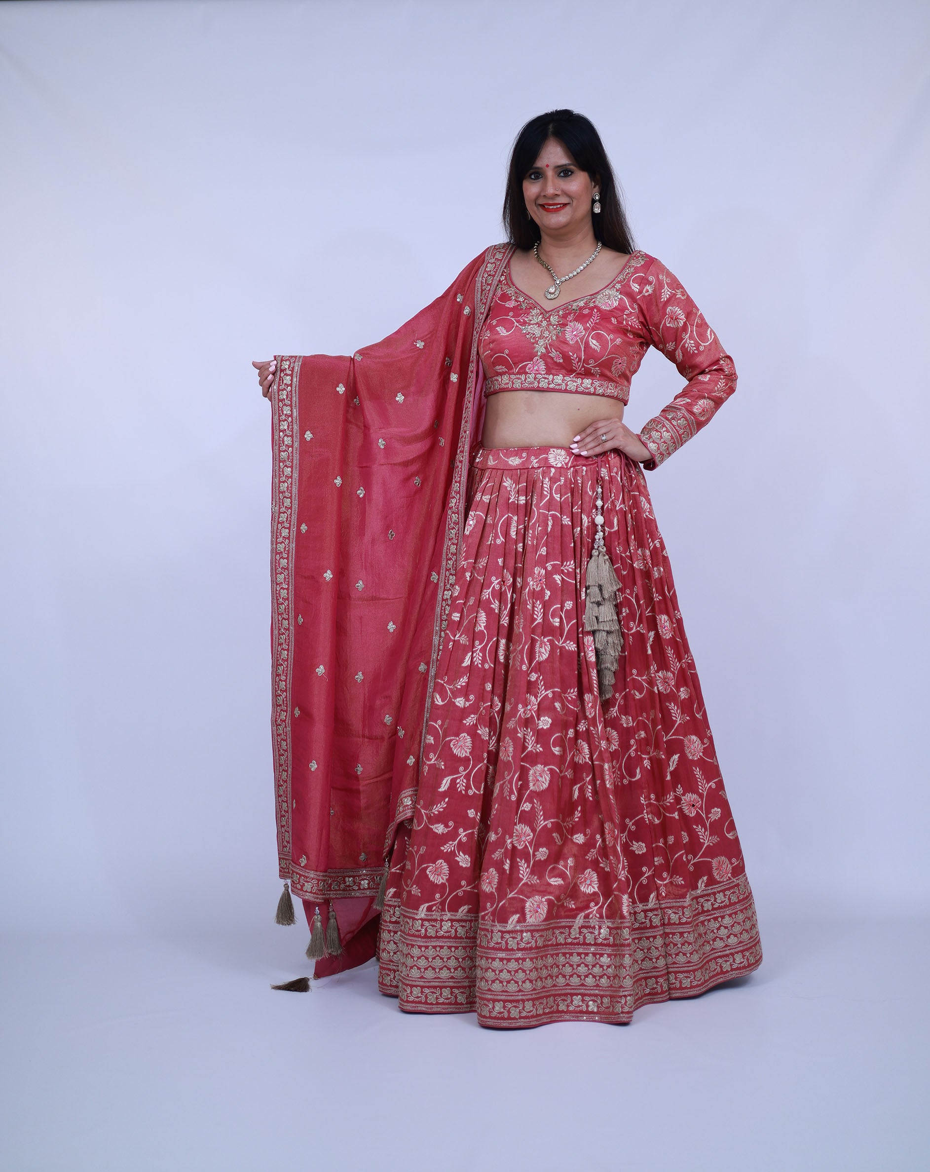 Banarasi Weaving Tissue Silk Lehenga in Peach