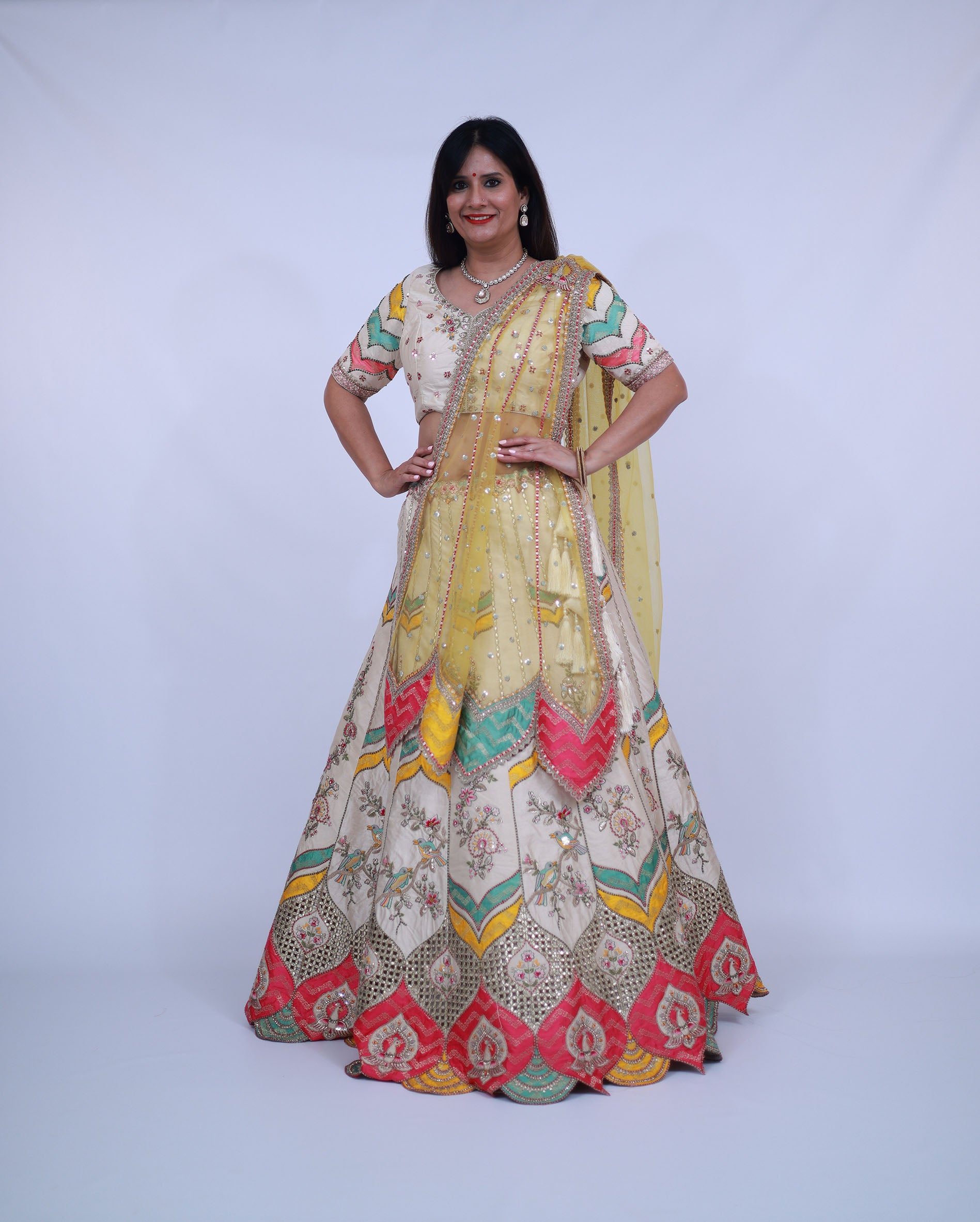 Multicolor Silk Lehenga in Ivory Base