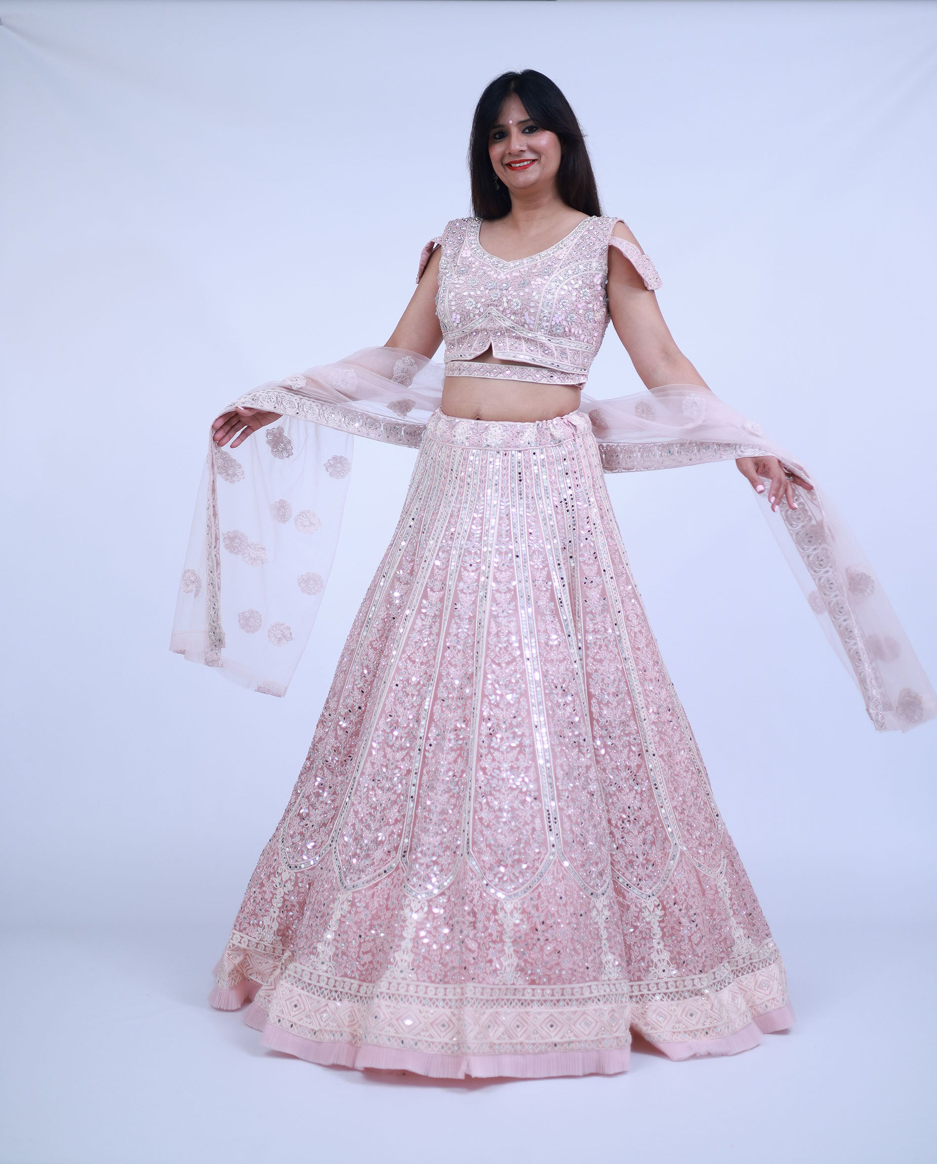 Pastel Powder Pink Lehenga with Real Mirror work