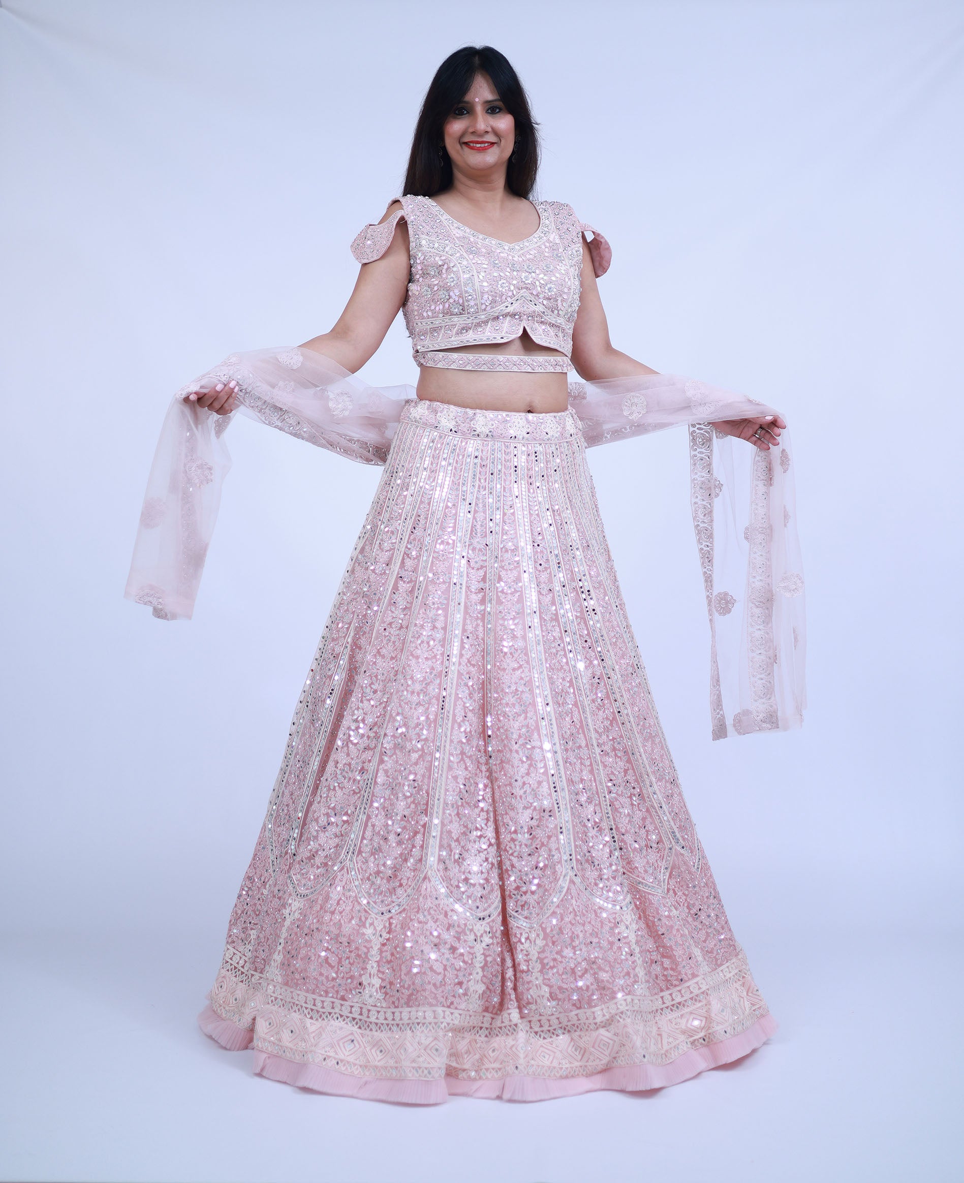 Pastel Powder Pink Lehenga with Real Mirror work