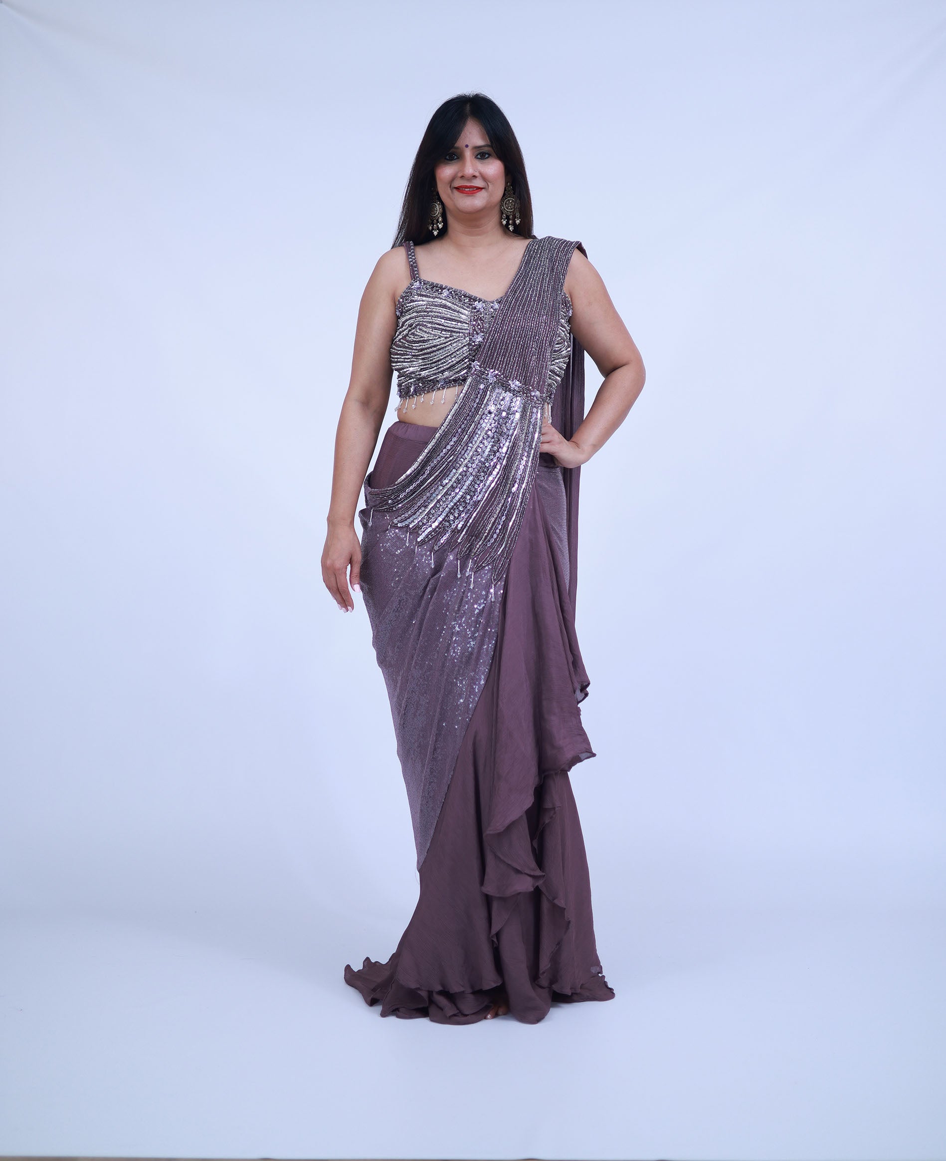 Purple Indo-Western Pre-Stitched Lehnga Saree