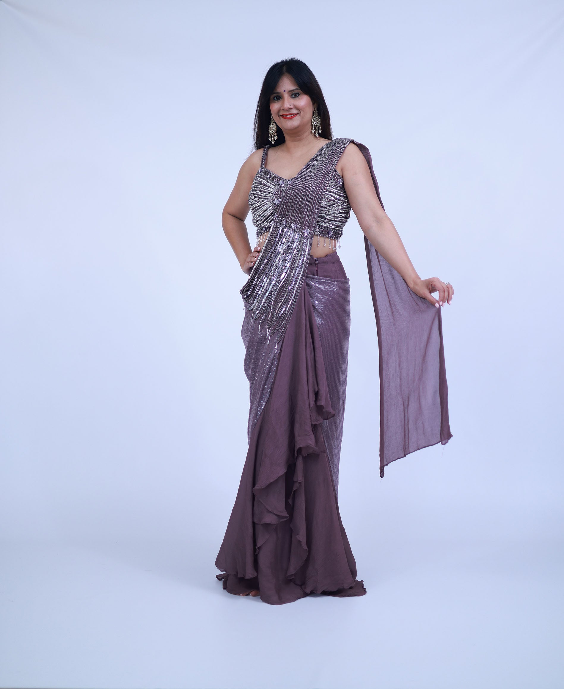 Purple Indo-Western Pre-Stitched Lehnga Saree