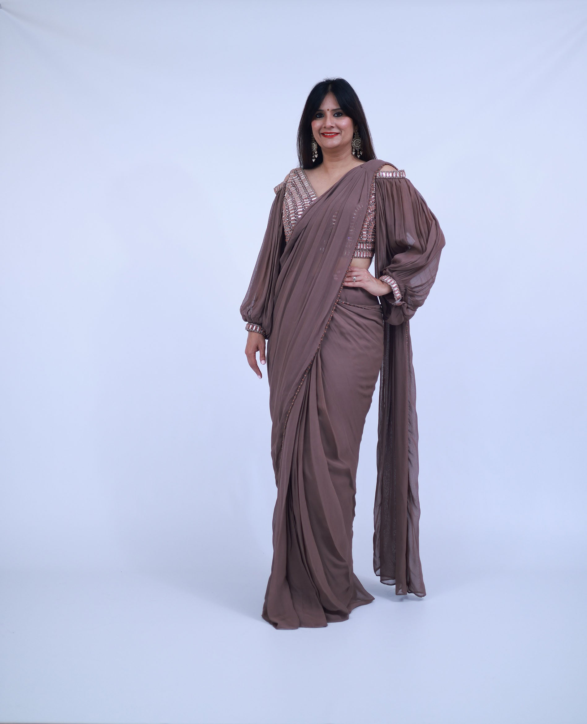 Brown Georgette Pre Stitched Saree