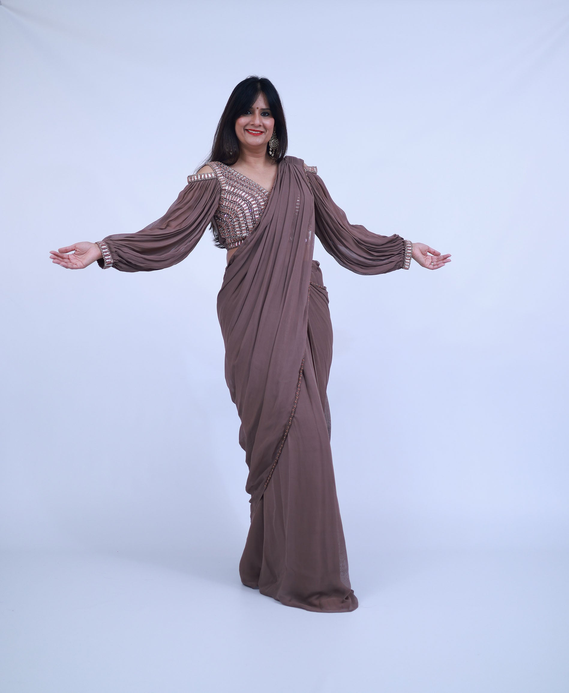 Brown Georgette Pre Stitched Saree