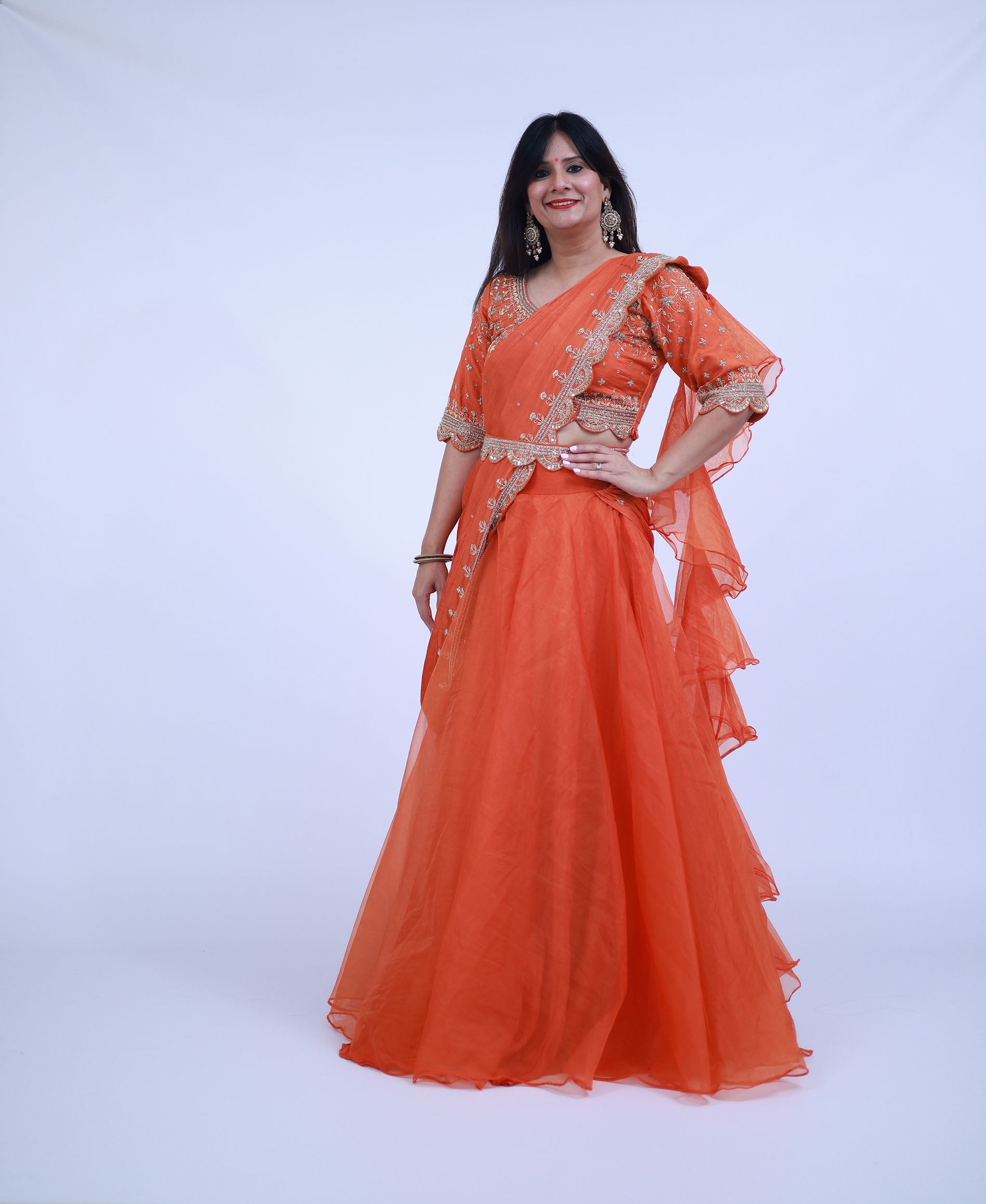 Orange Indo-Western Lehenga Saree with Belt