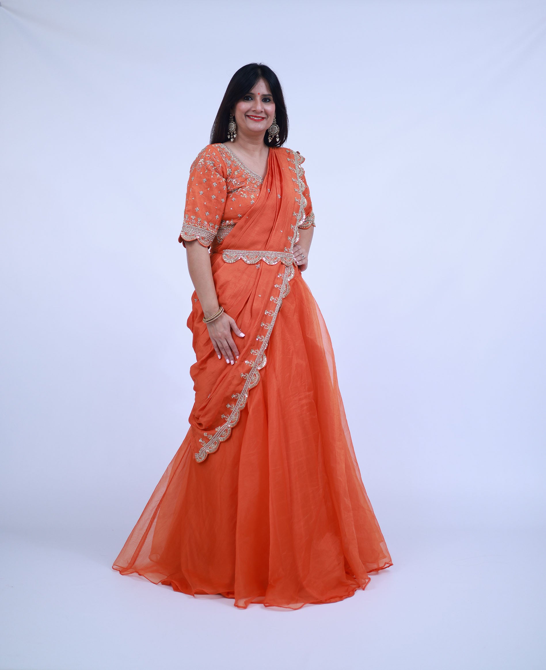 Orange Indo-Western Lehenga Saree with Belt
