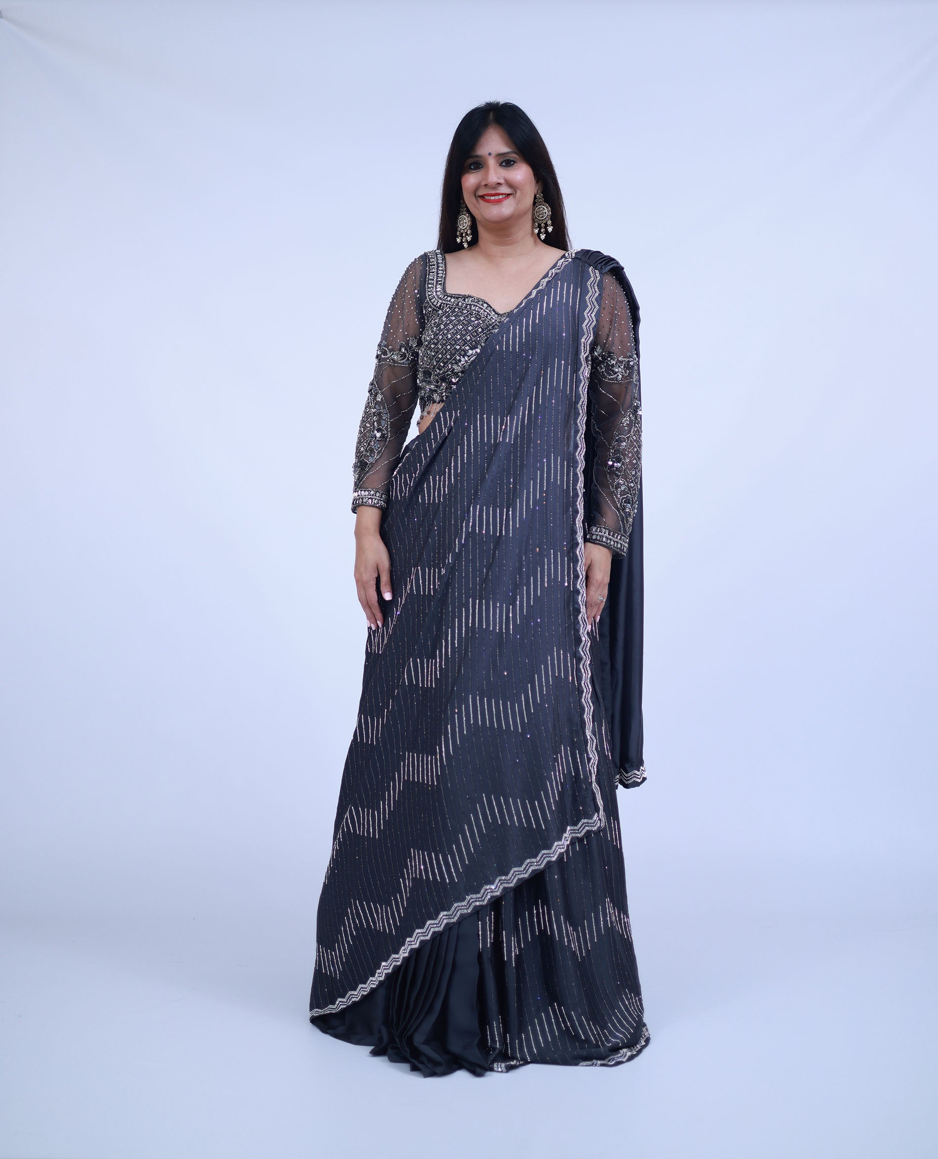 Indo-Western Lehenga Saree in Grey