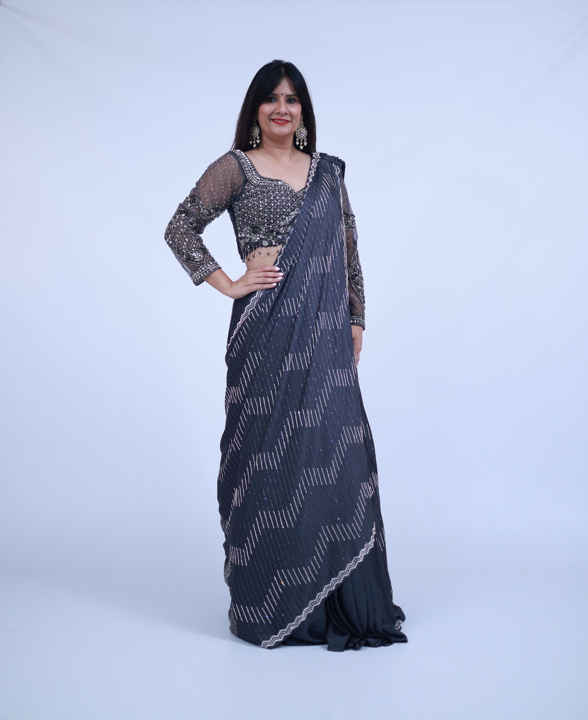 Indo-Western Lehenga Saree in Grey