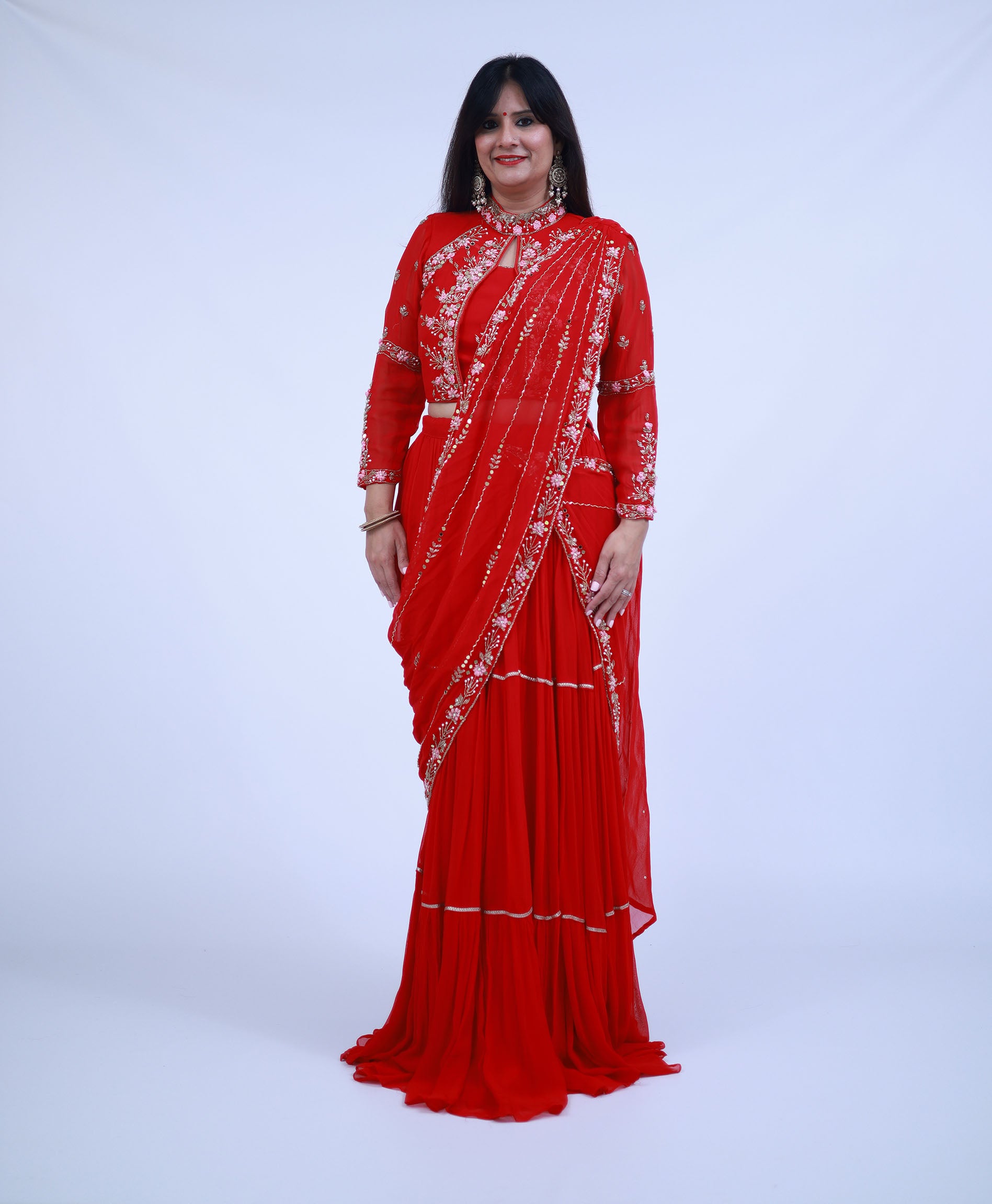 Red Pre-Stitched Indo-Western Lehenga Saree