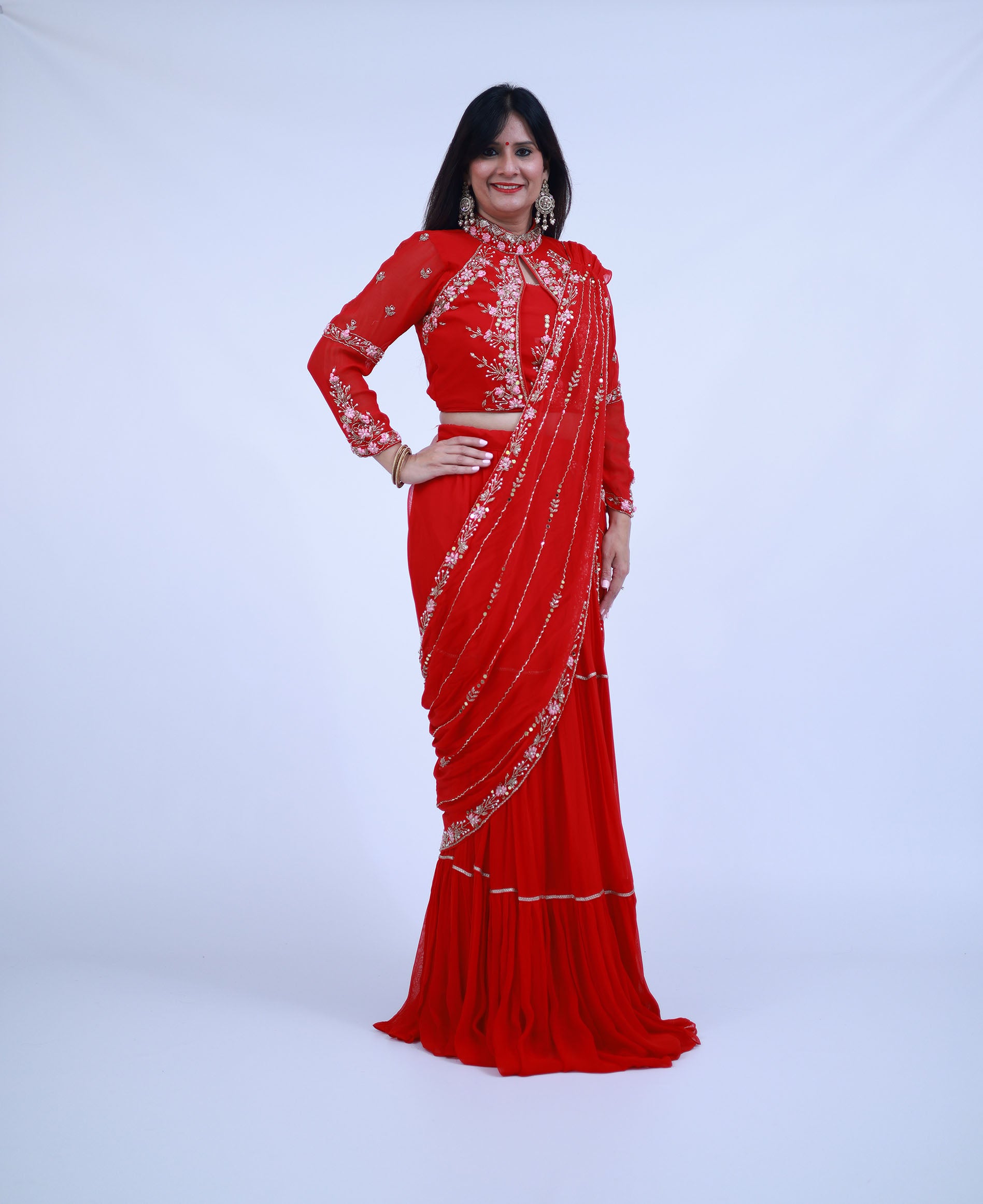 Red Pre-Stitched Indo-Western Lehenga Saree