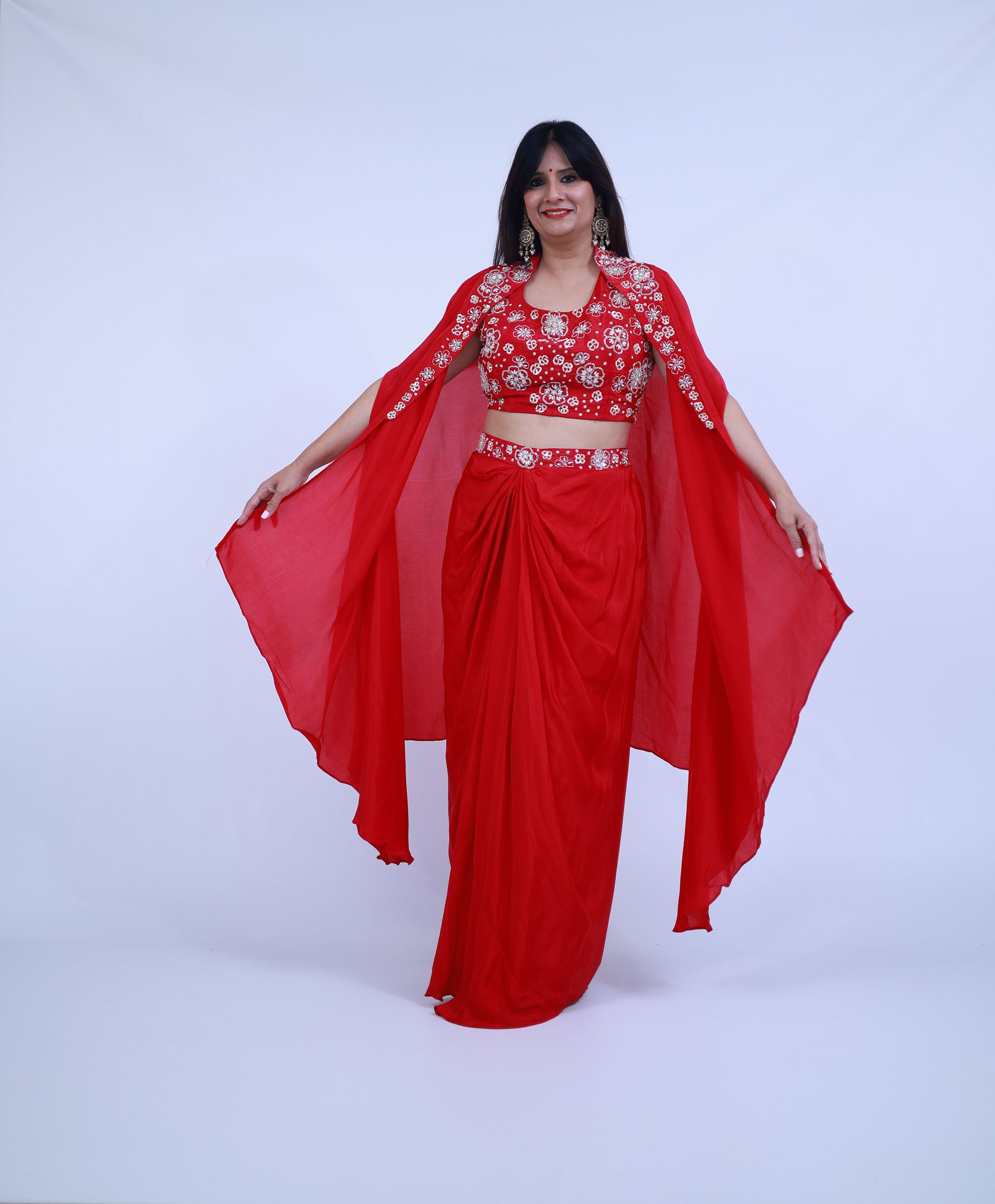 3 piece Indo-Western with Cape in Red Color