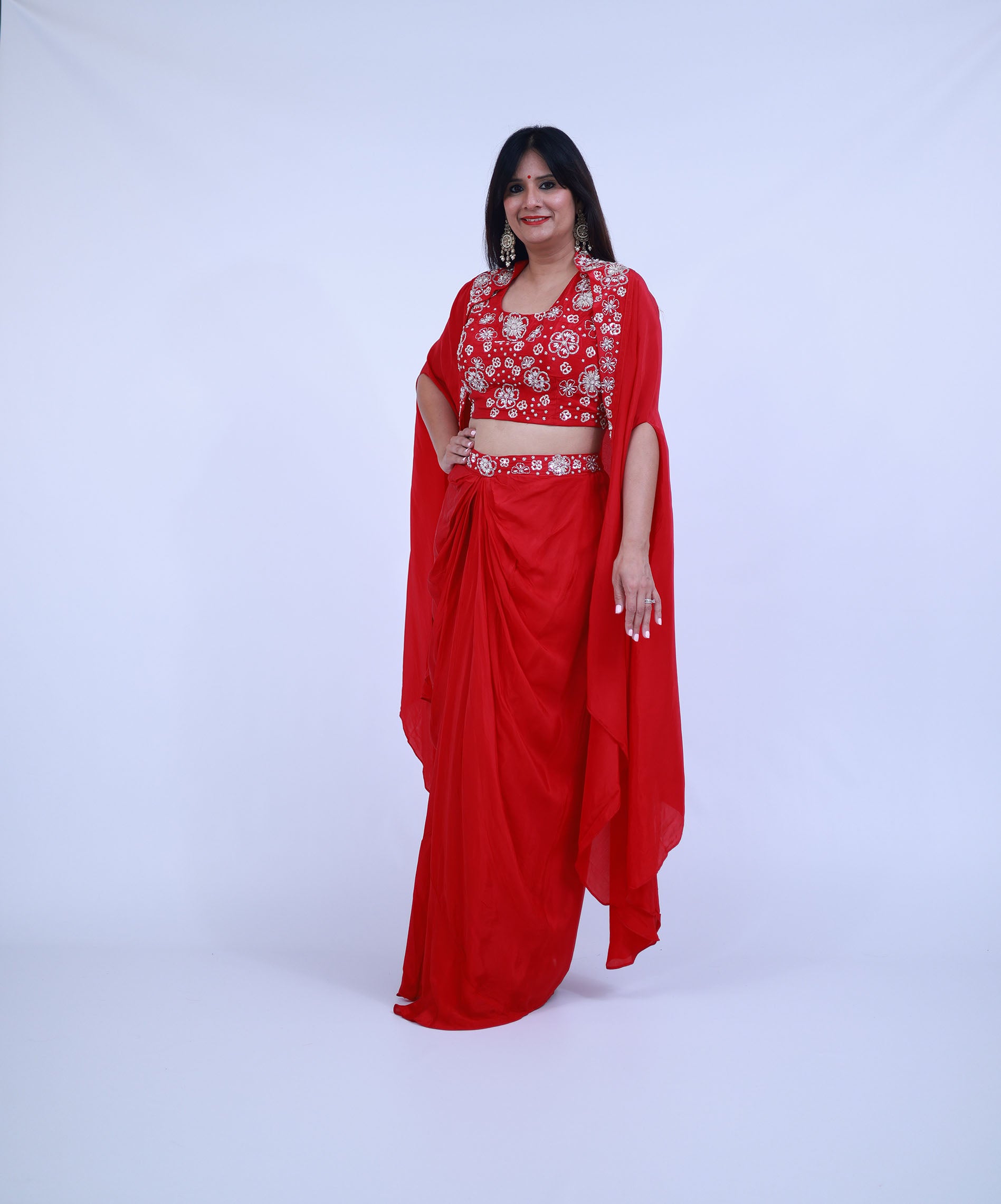 3 piece Indo-Western with Cape in Red Color
