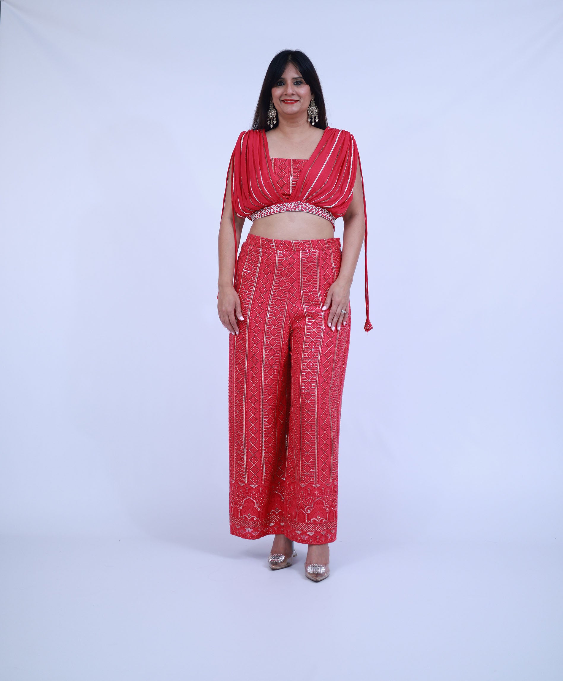 Red Indo-Western Sequin Pants with Blouse