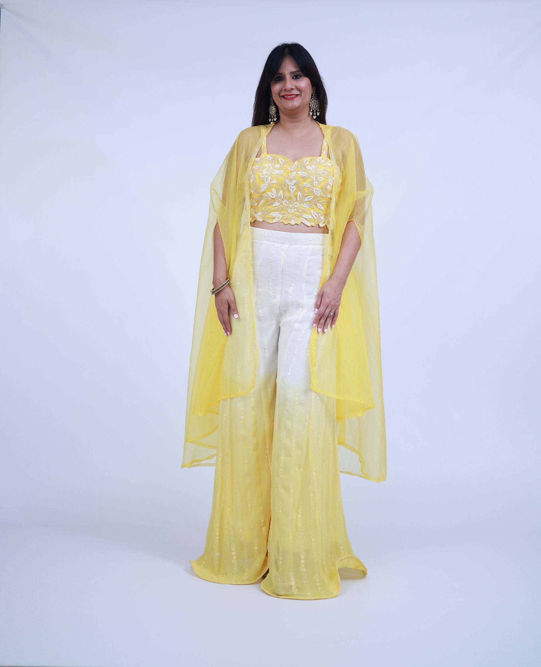 Yellow and White 3 Piece Indo-Western with Organza Cape