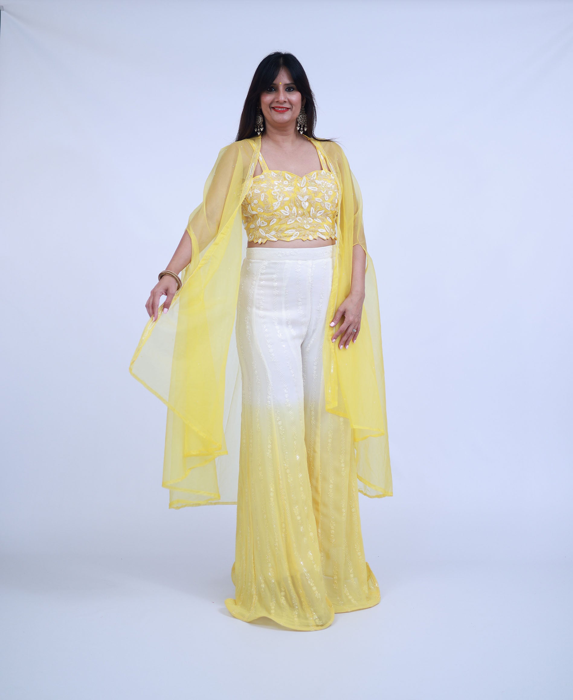 Yellow and White 3 Piece Indo-Western with Organza Cape