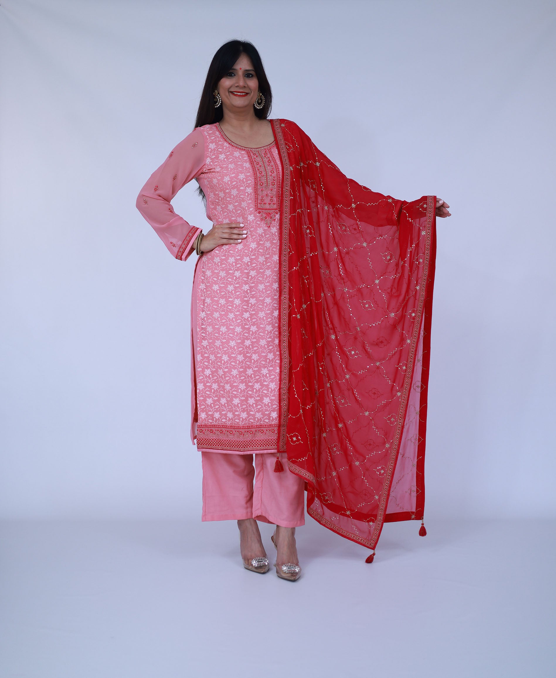 Peach Embroided georgette suit set with dupatta