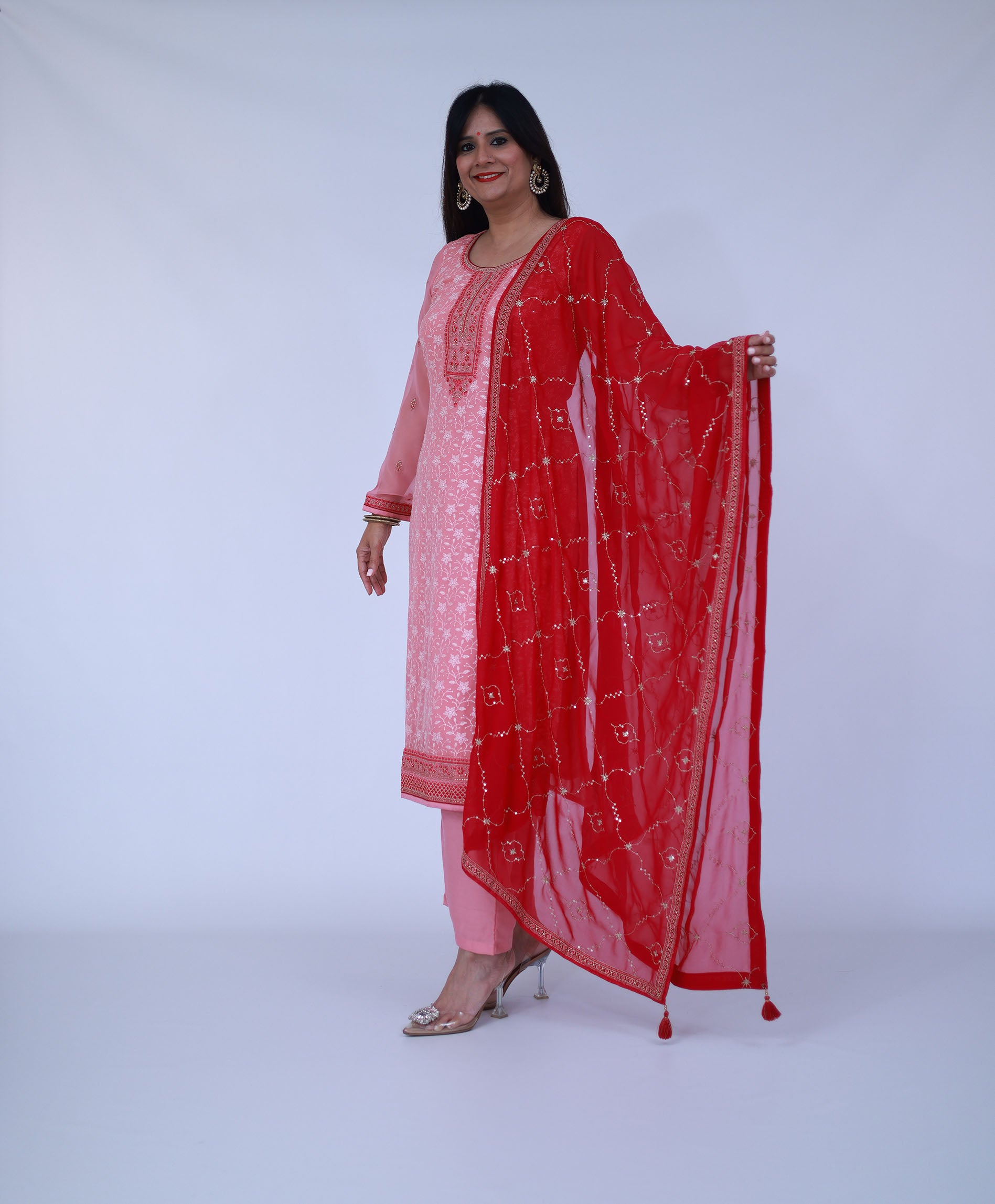 Peach Embroided georgette suit set with dupatta