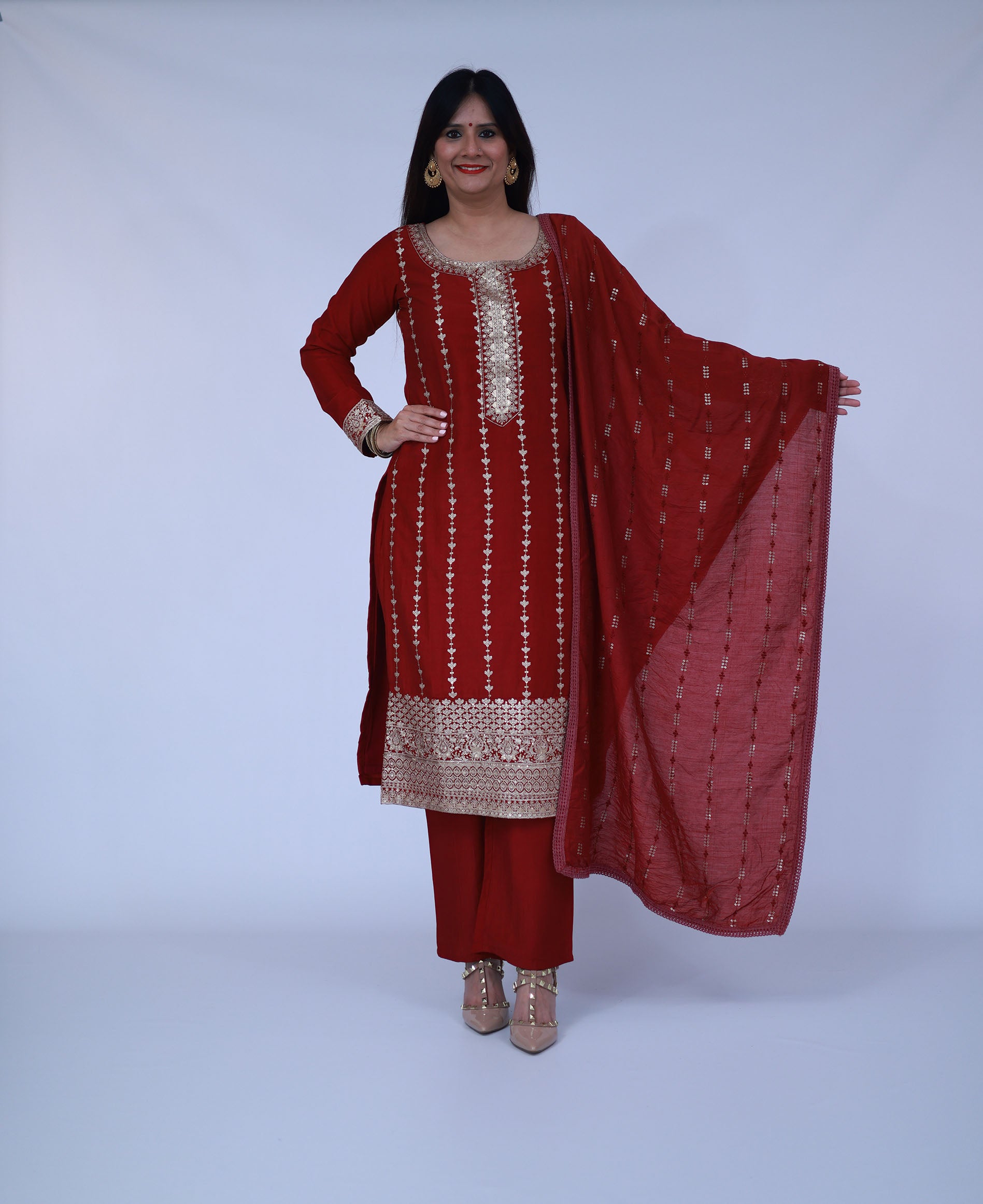 Maroon Embroidered Silk Straight Suit With Dupatta