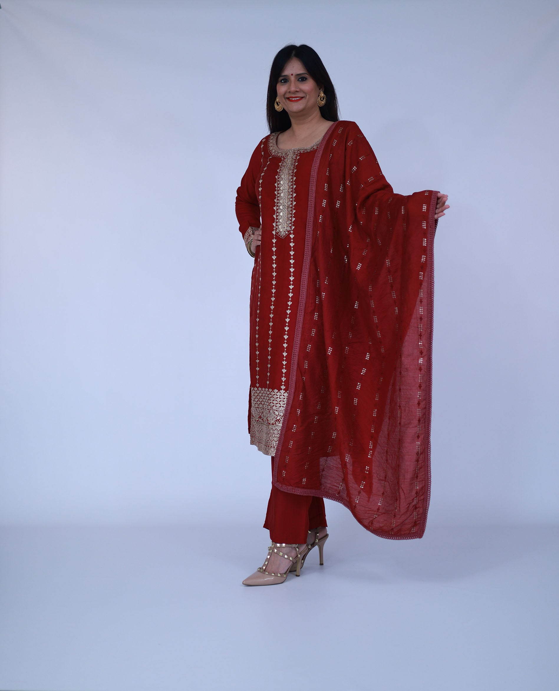 Maroon Embroidered Silk Straight Suit With Dupatta