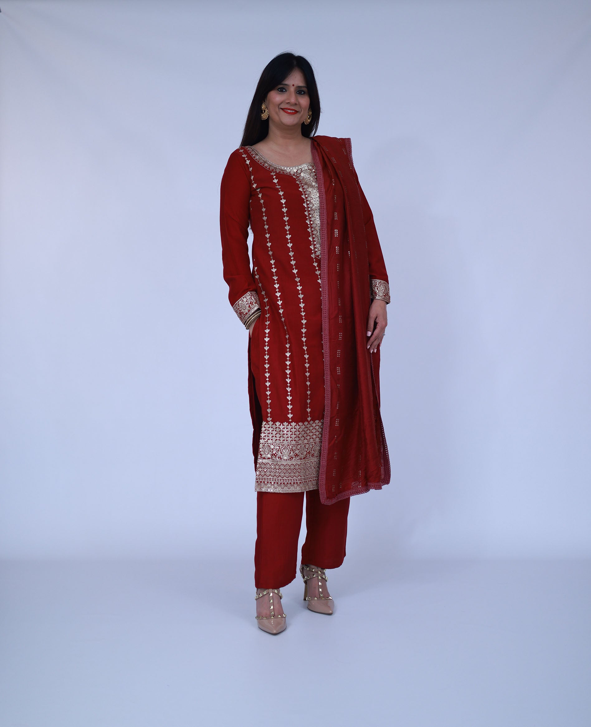 Maroon Embroidered Silk Straight Suit With Dupatta