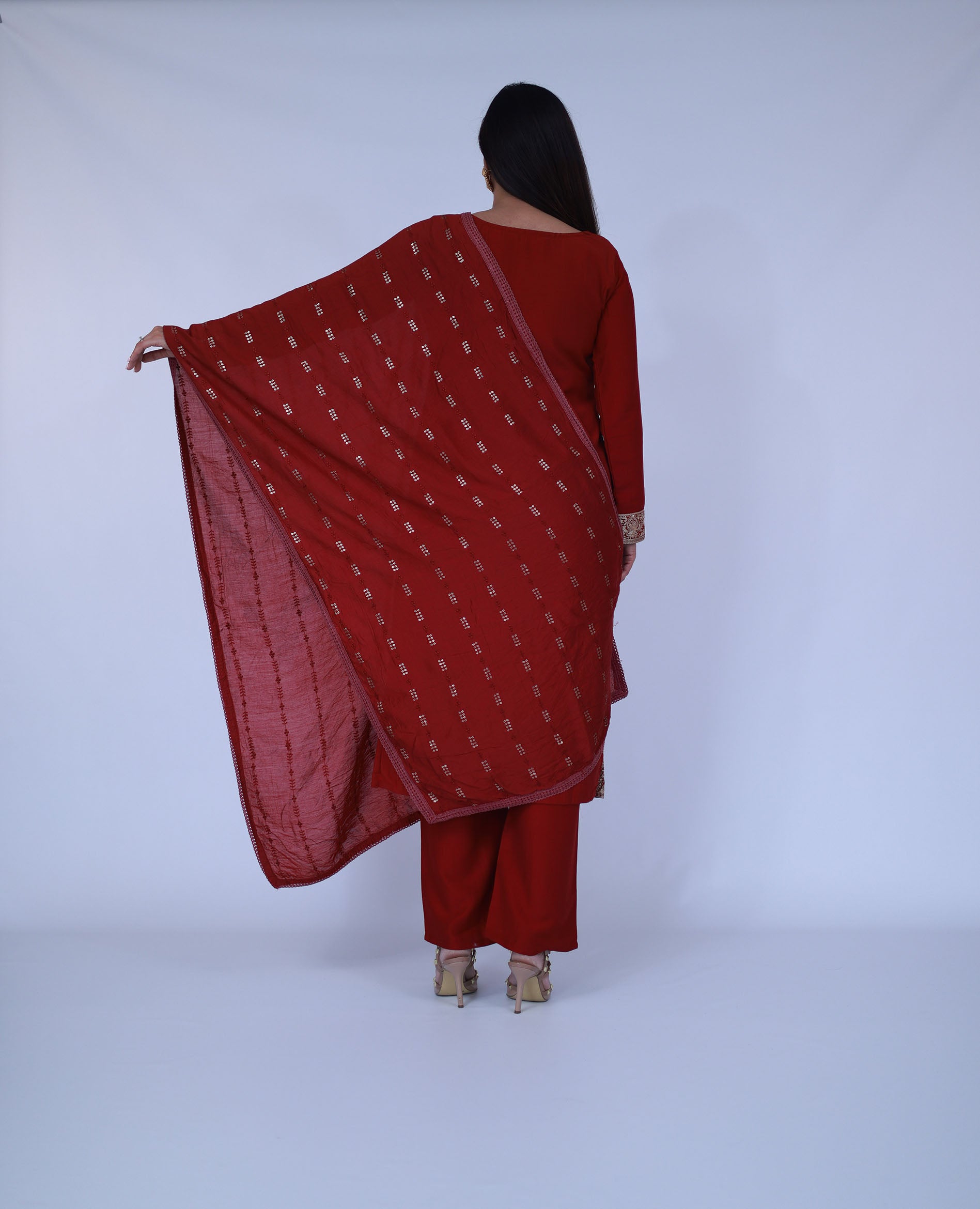 Maroon Embroidered Silk Straight Suit With Dupatta